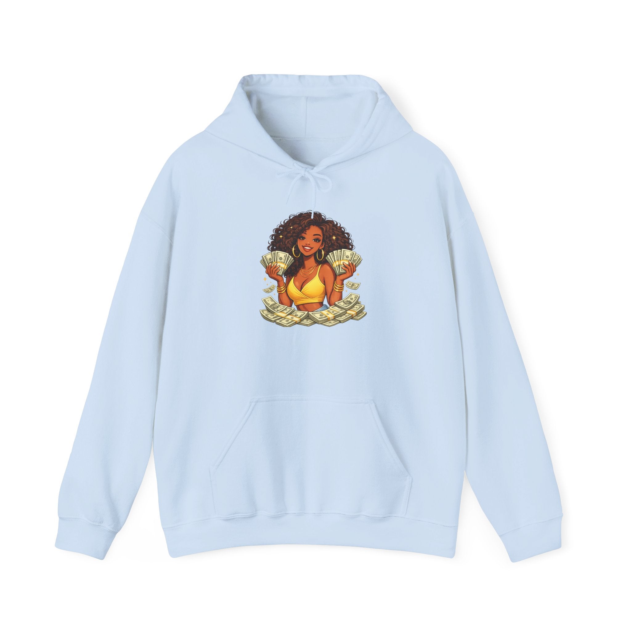Money Queen Hoodie — Black Woman Holding Cash Graphic Sweatshirt