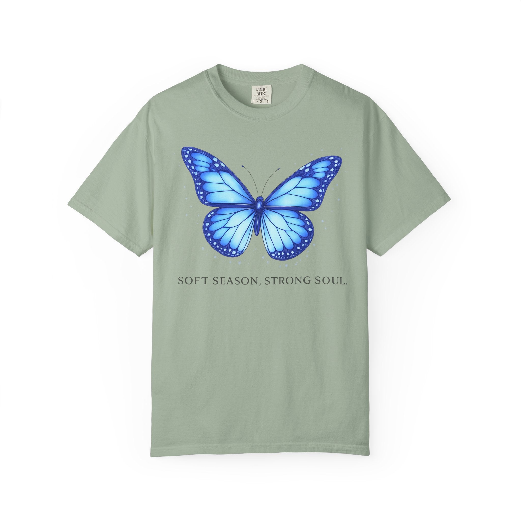 Blue Butterfly T-Shirt — "Soft Season Strong Soul" Graphic Tee