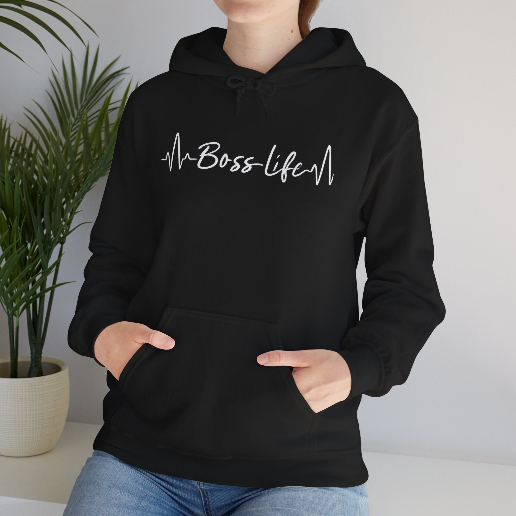 Boss Life Hoodie — Minimal Script Heartbeat Graphic