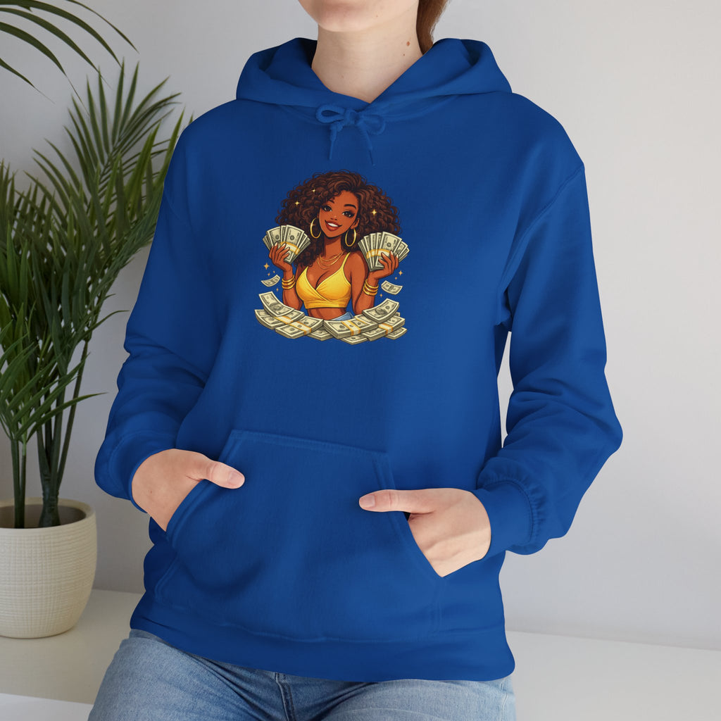 Money Queen Hoodie — Black Woman Holding Cash Graphic Sweatshirt