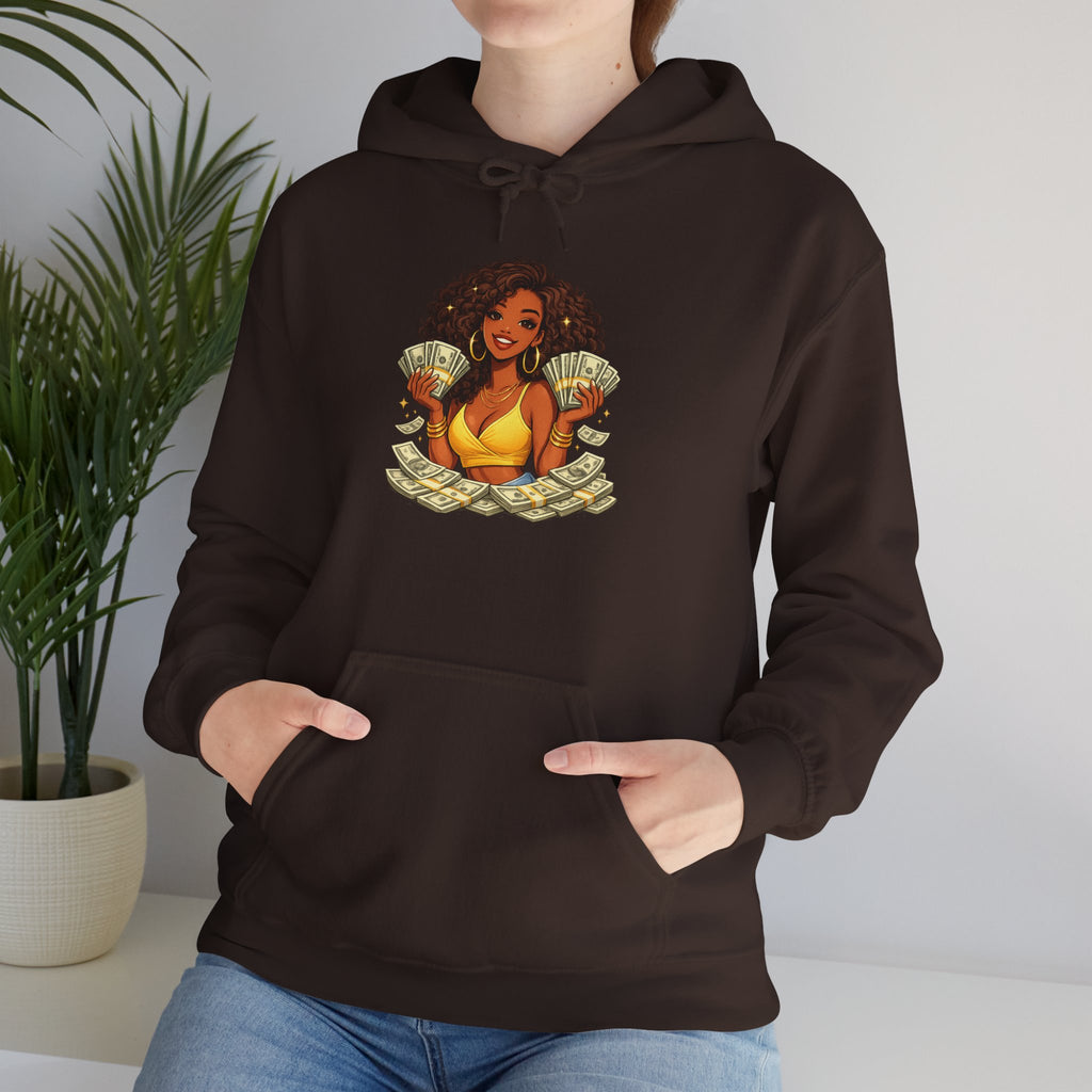 Money Queen Hoodie — Black Woman Holding Cash Graphic Sweatshirt