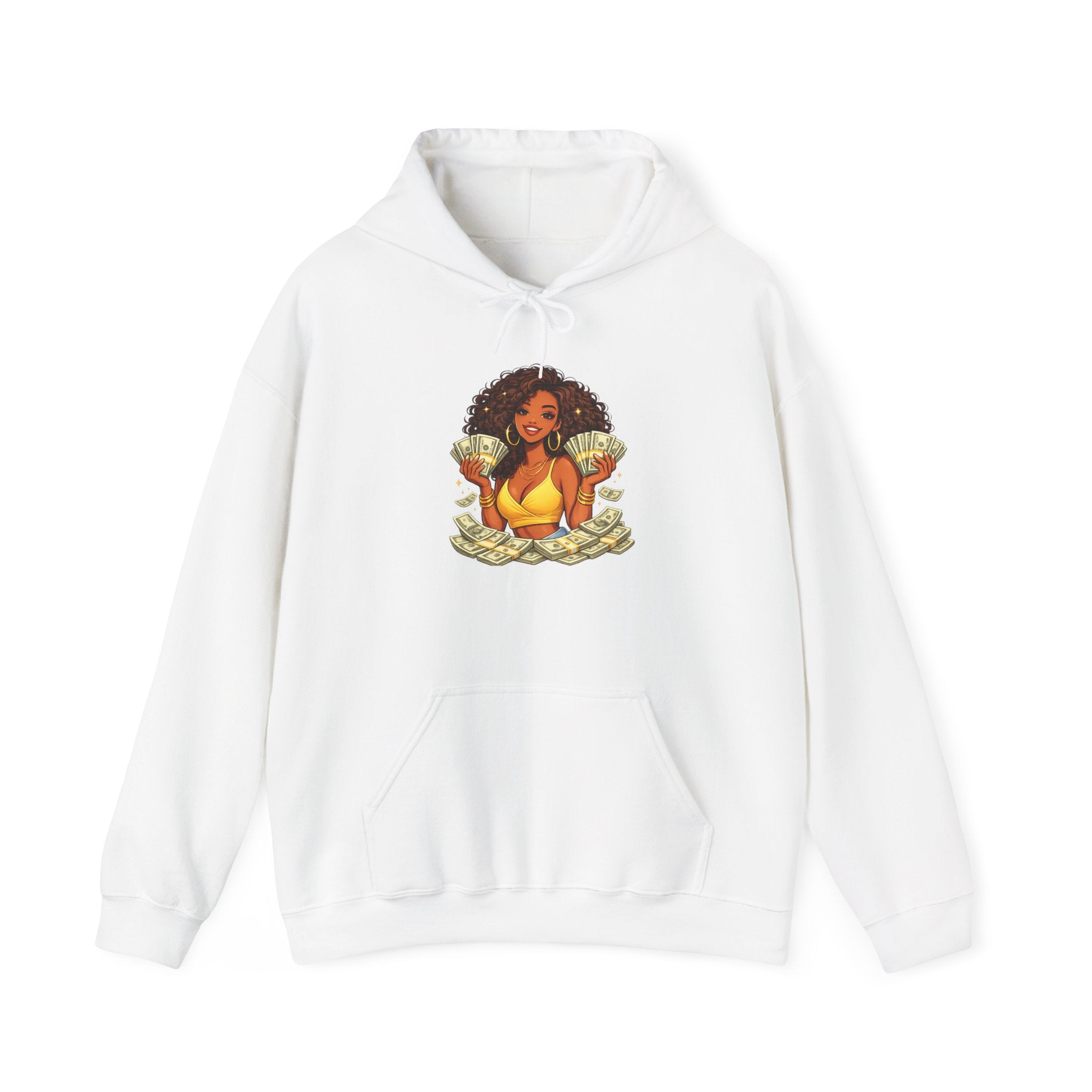 Money Queen Hoodie — Black Woman Holding Cash Graphic Sweatshirt