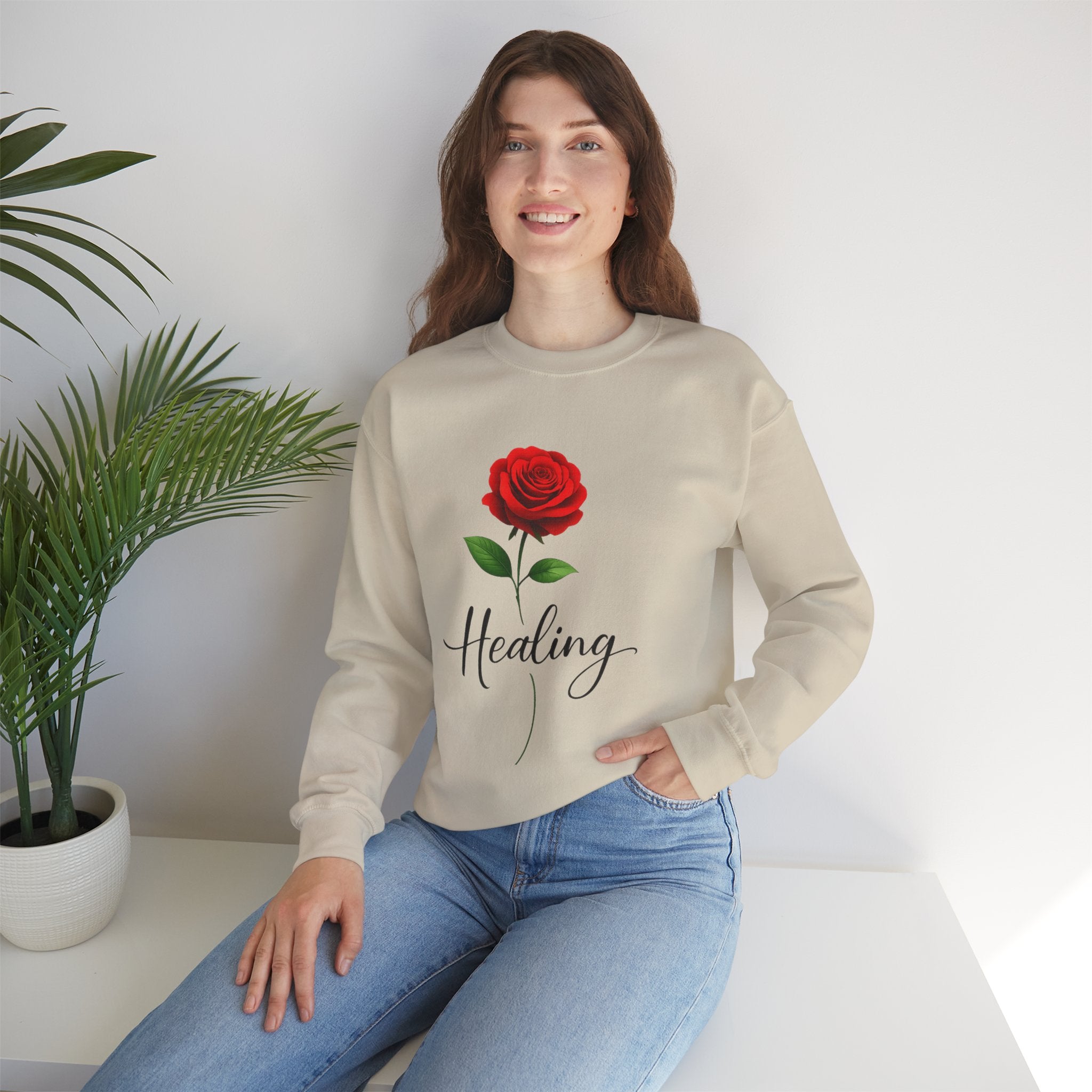 Healing Rose Crewneck Sweatshirt — Red Rose Graphic with "Healing" Script