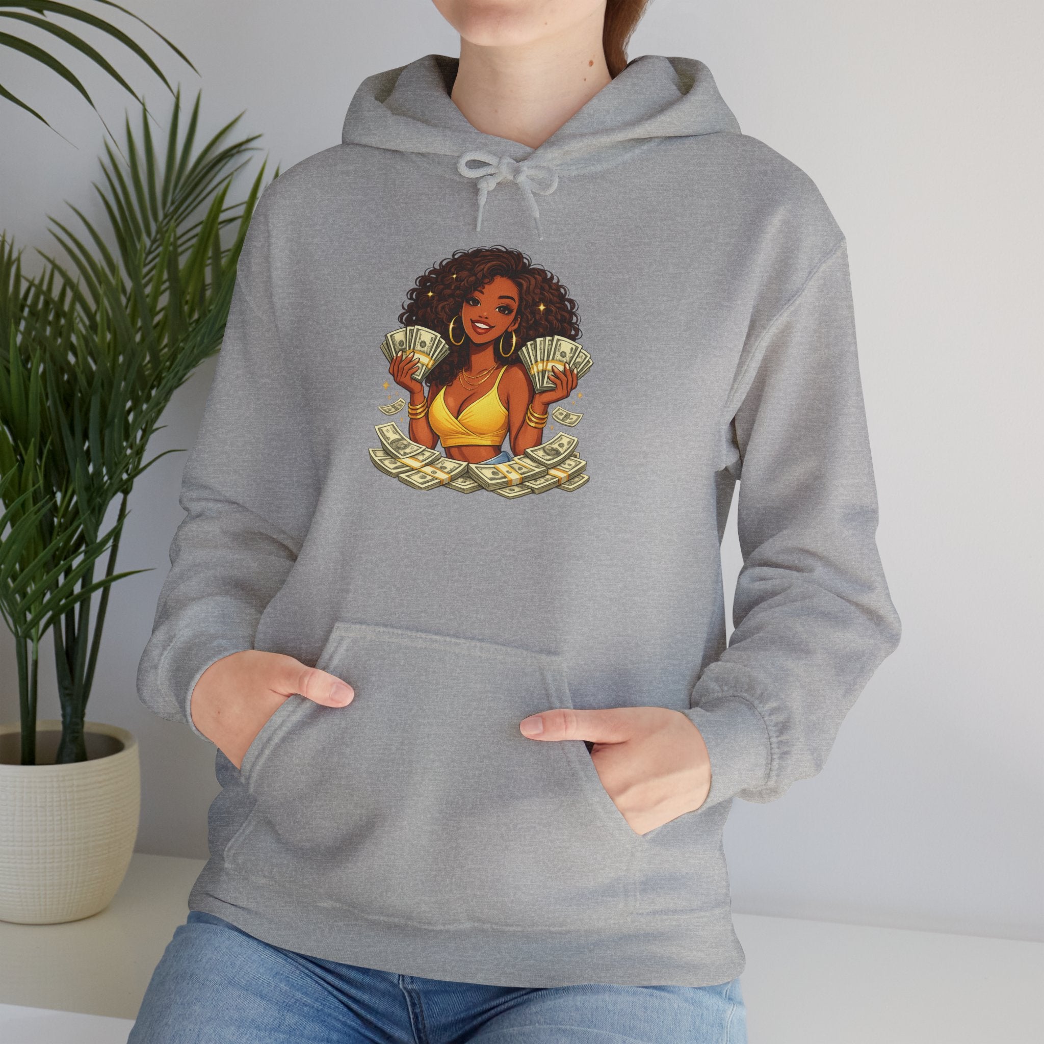 Money Queen Hoodie — Black Woman Holding Cash Graphic Sweatshirt
