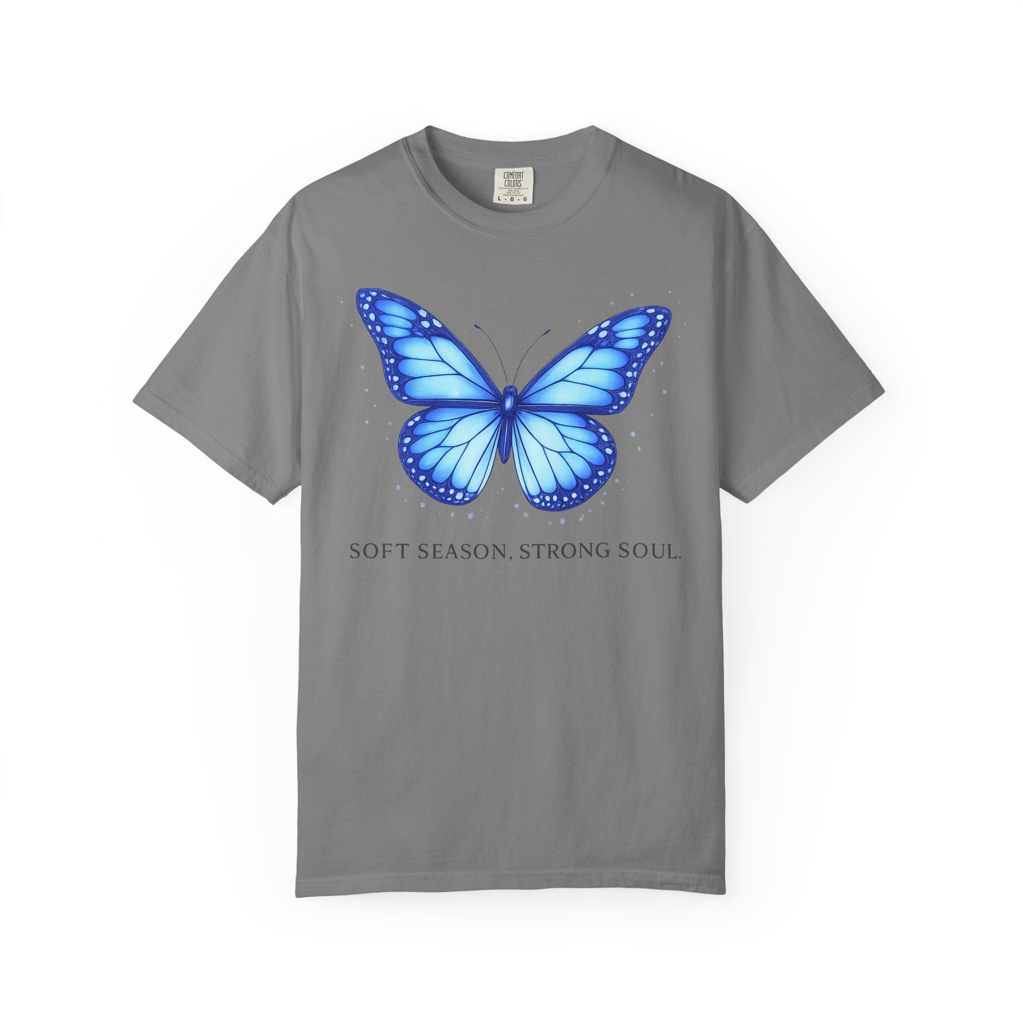 Blue Butterfly T-Shirt — "Soft Season Strong Soul" Graphic Tee