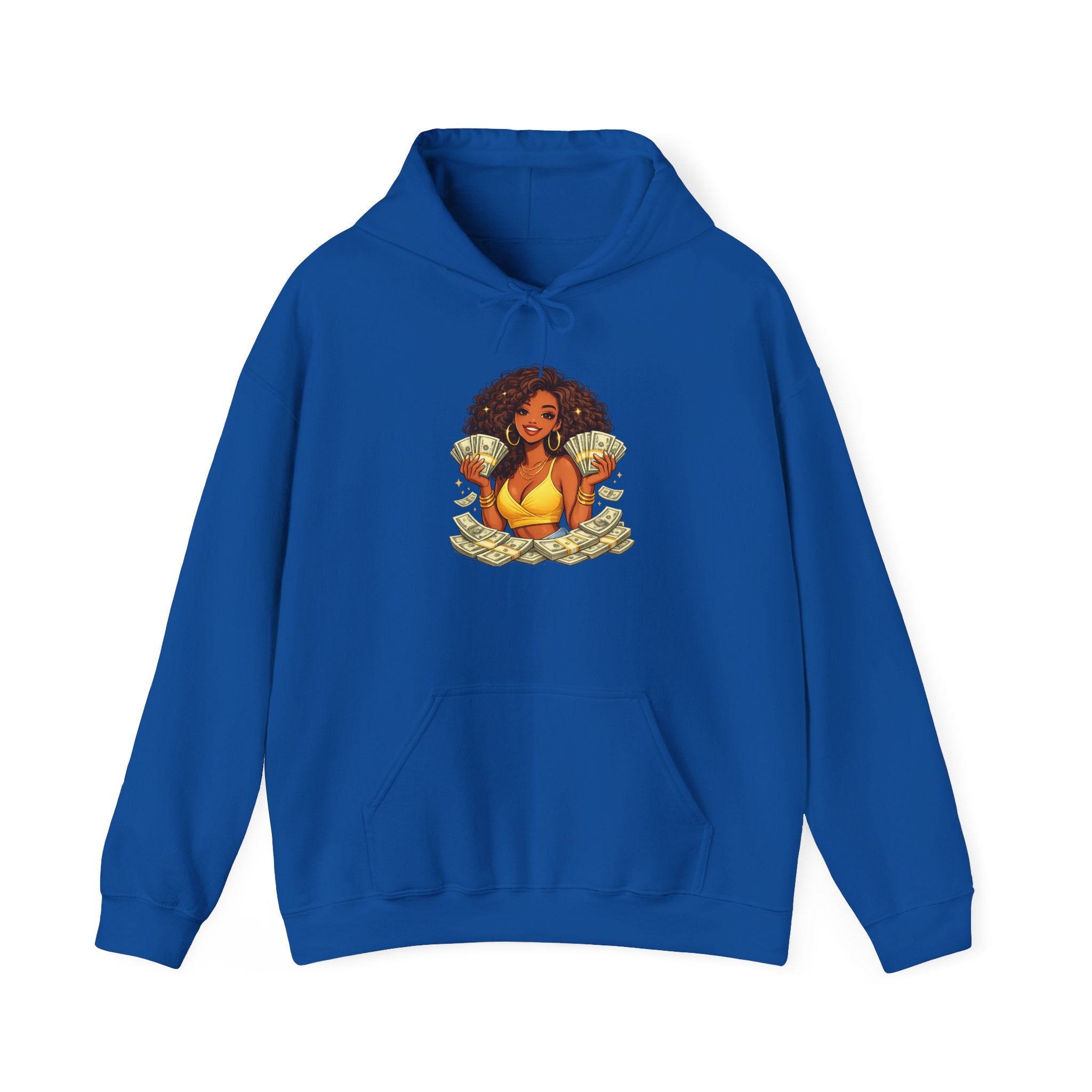 Money Queen Hoodie — Black Woman Holding Cash Graphic Sweatshirt