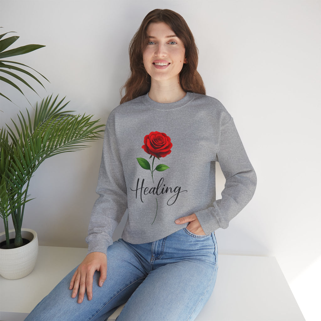 Healing Rose Crewneck Sweatshirt — Red Rose Graphic with "Healing" Script