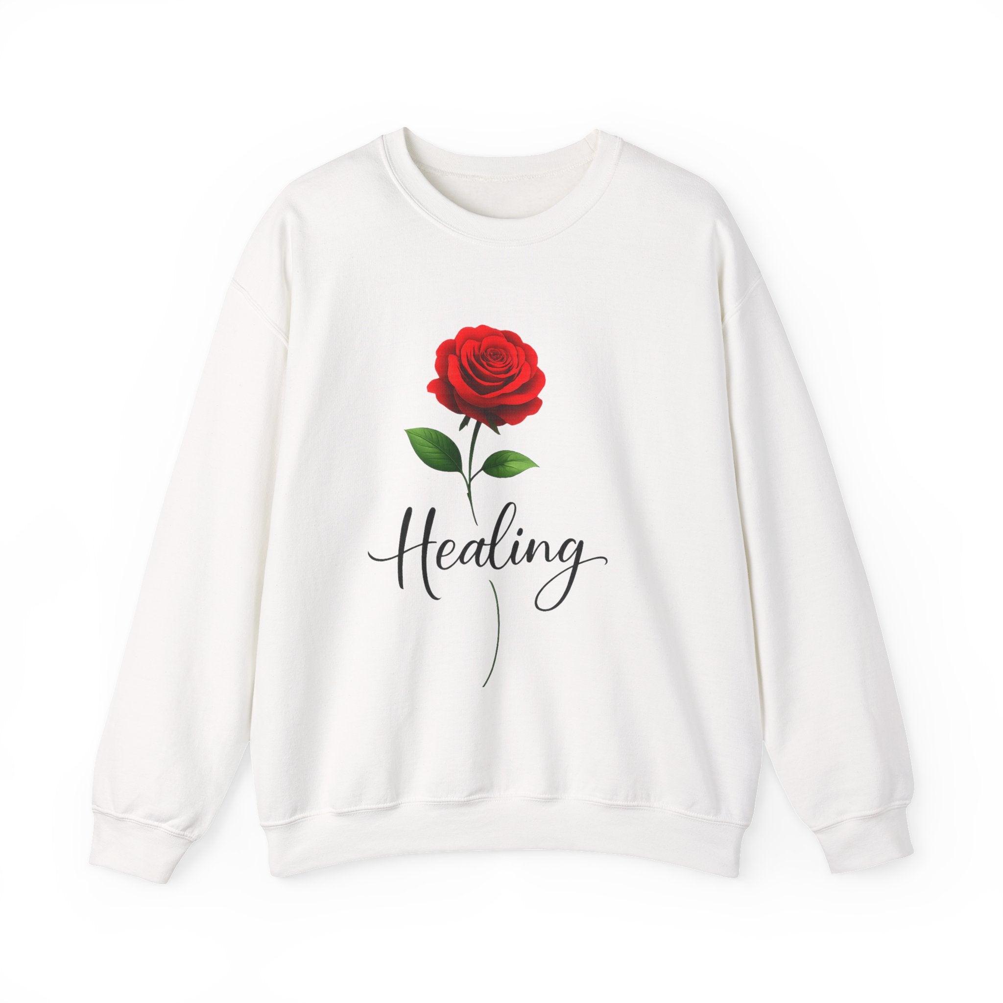 Healing Rose Crewneck Sweatshirt — Red Rose Graphic with "Healing" Script