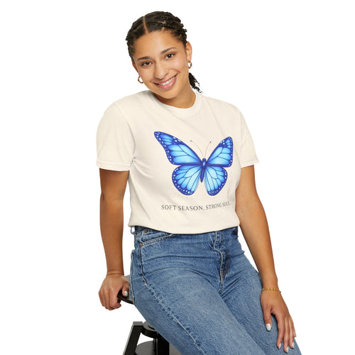 Blue Butterfly T-Shirt — "Soft Season Strong Soul" Graphic Tee