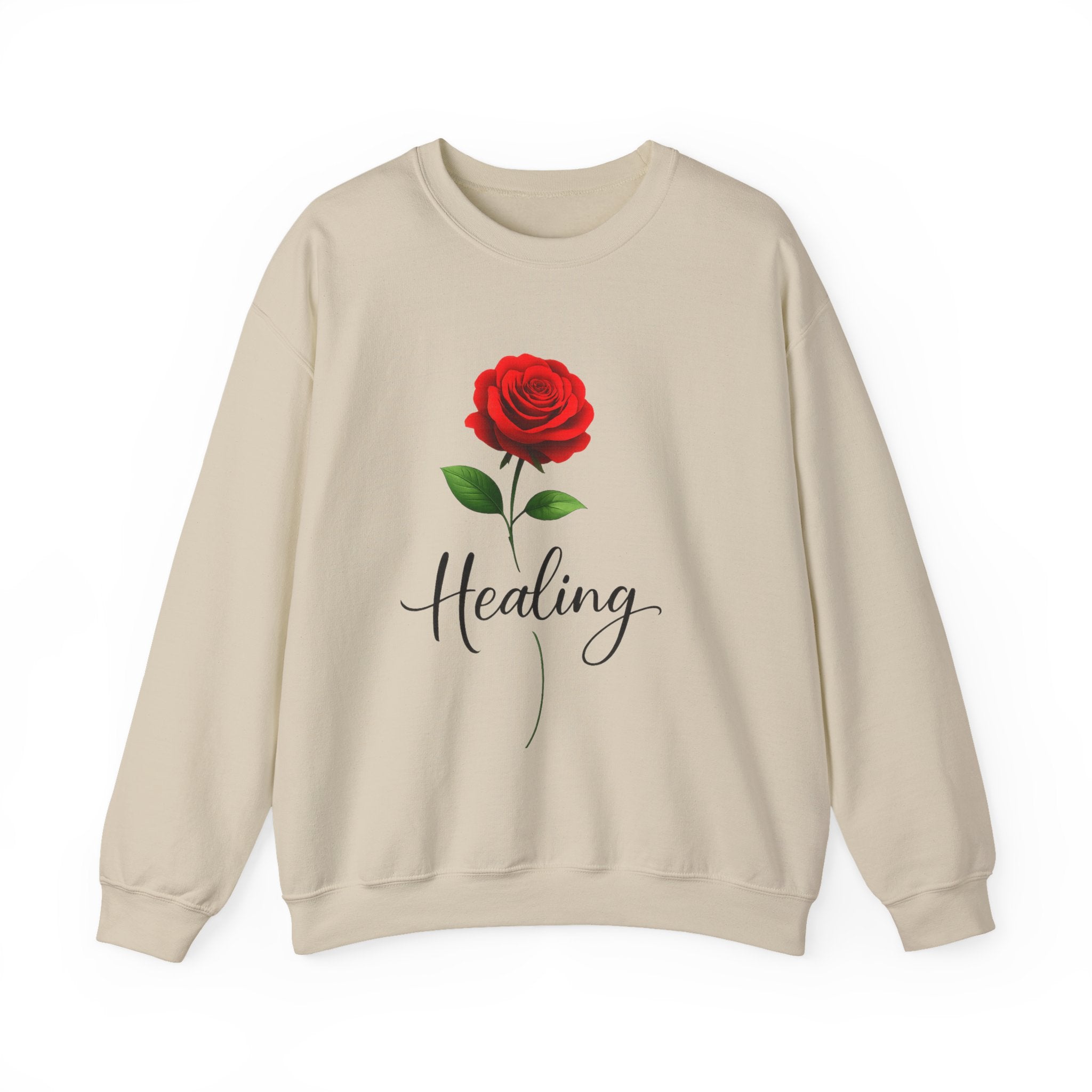 Healing Rose Crewneck Sweatshirt — Red Rose Graphic with "Healing" Script