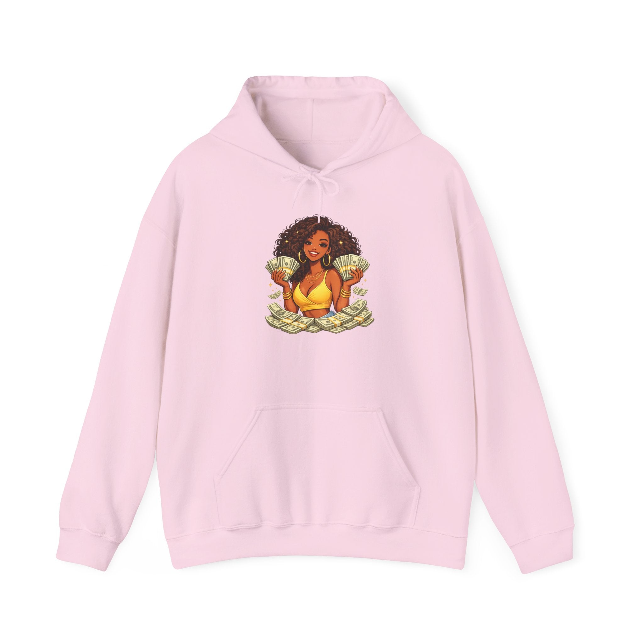 Money Queen Hoodie — Black Woman Holding Cash Graphic Sweatshirt