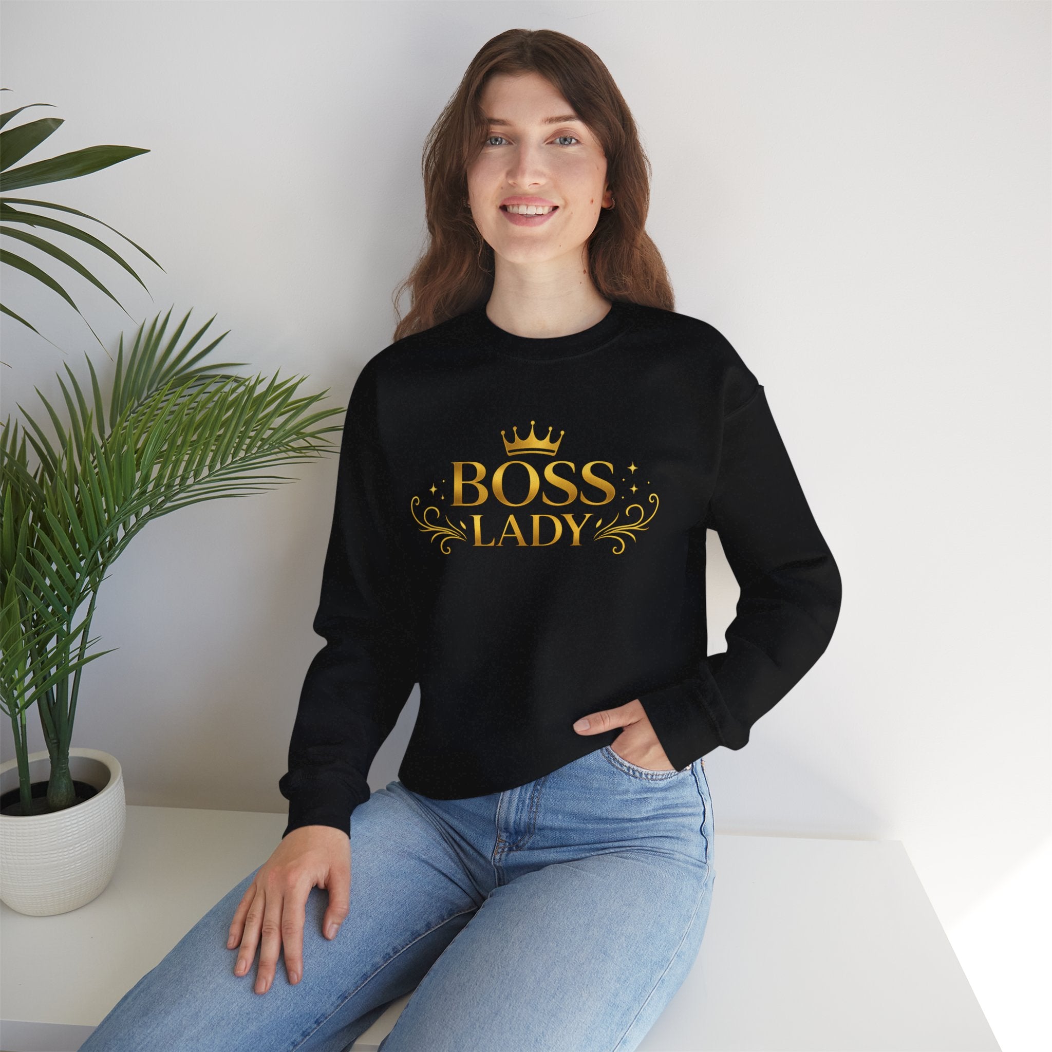 Boss Lady Sweatshirt – Gold Crown Women’s Crewneck, Empowerment Gift for Bosses & Leaders