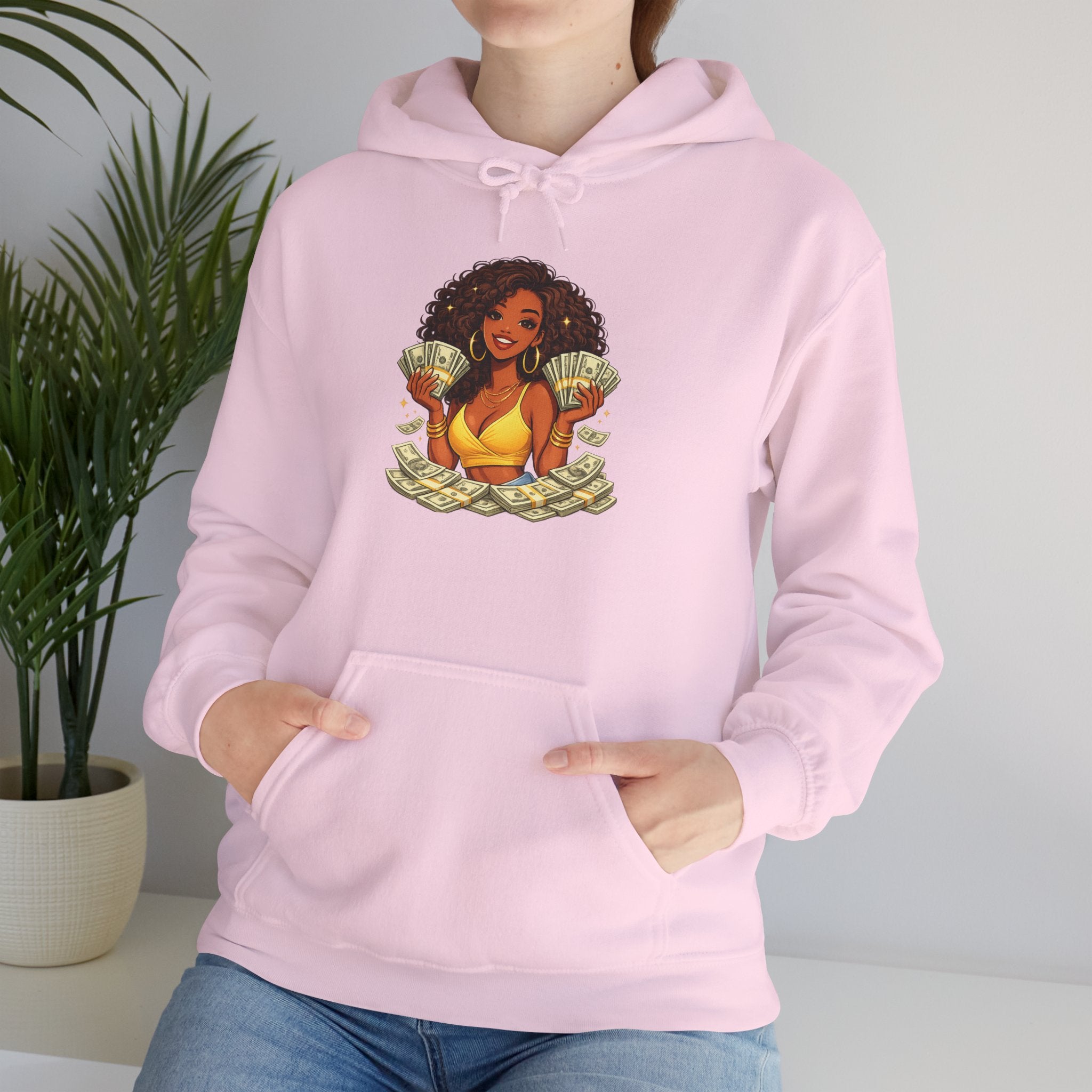 Money Queen Hoodie — Black Woman Holding Cash Graphic Sweatshirt