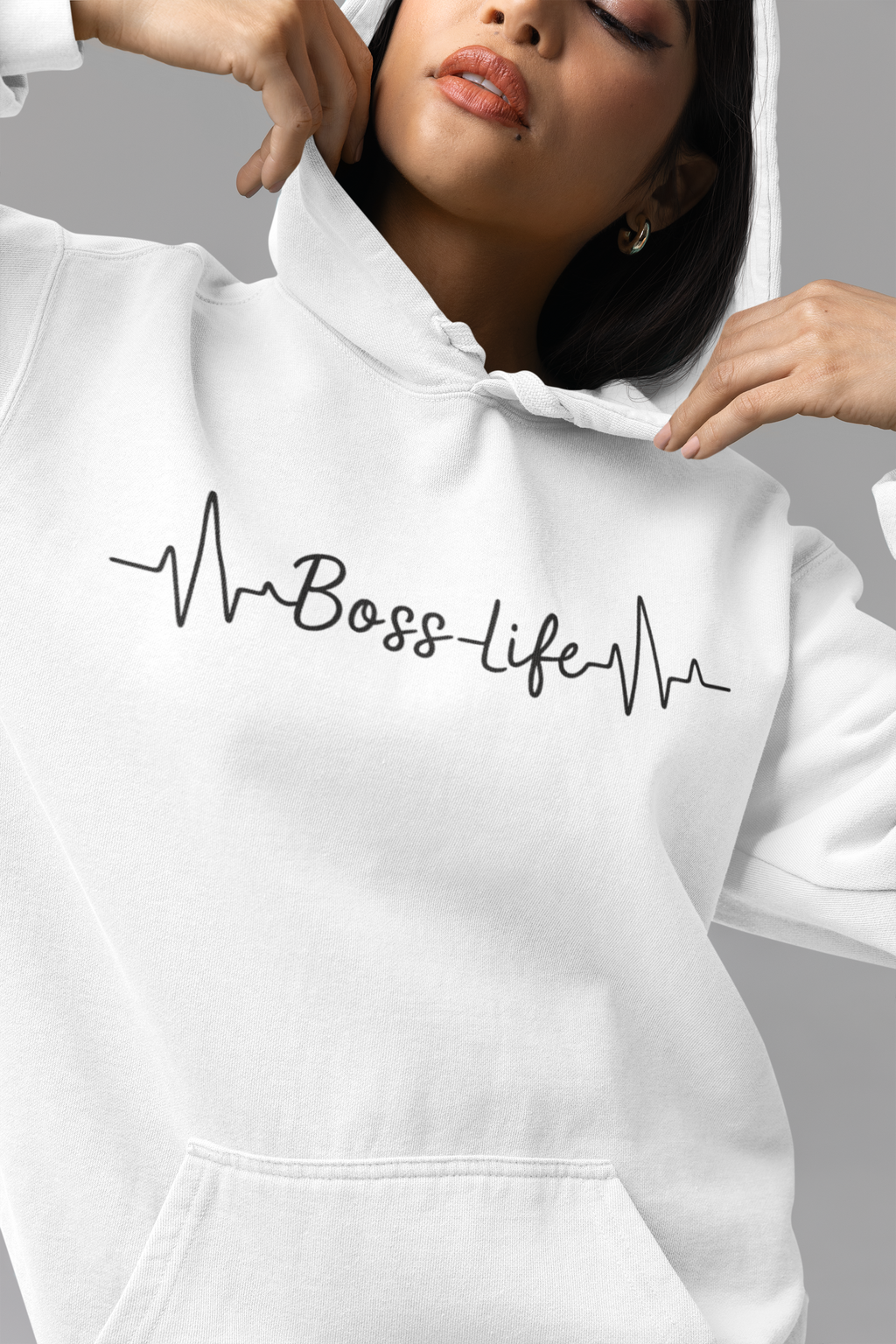 Boss Life Hoodie — Minimal Script Heartbeat Graphic