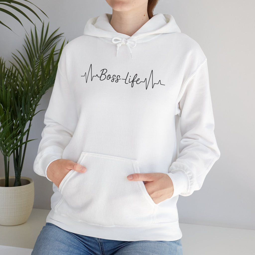 Boss Life Hoodie — Minimal Script Heartbeat Graphic
