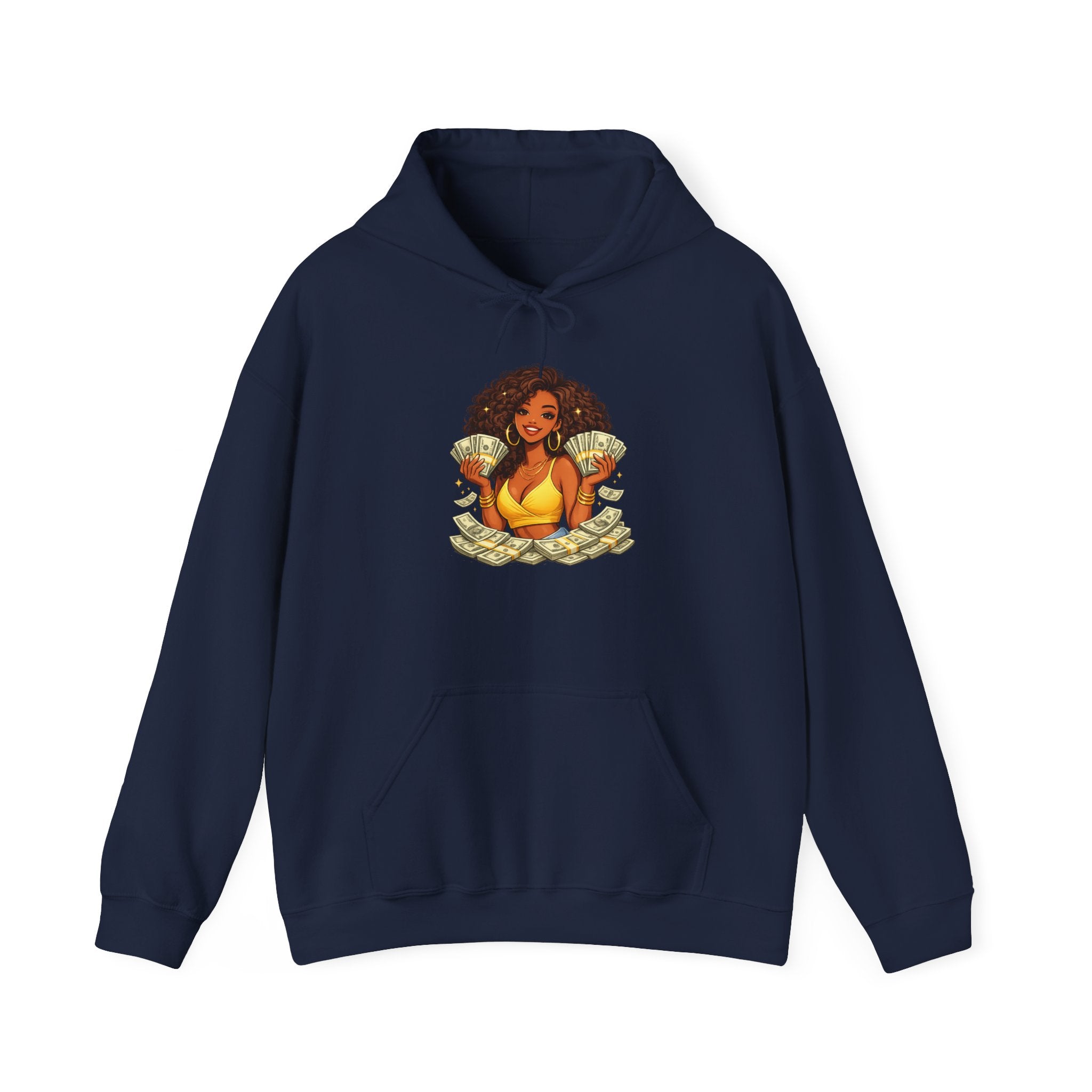 Money Queen Hoodie — Black Woman Holding Cash Graphic Sweatshirt