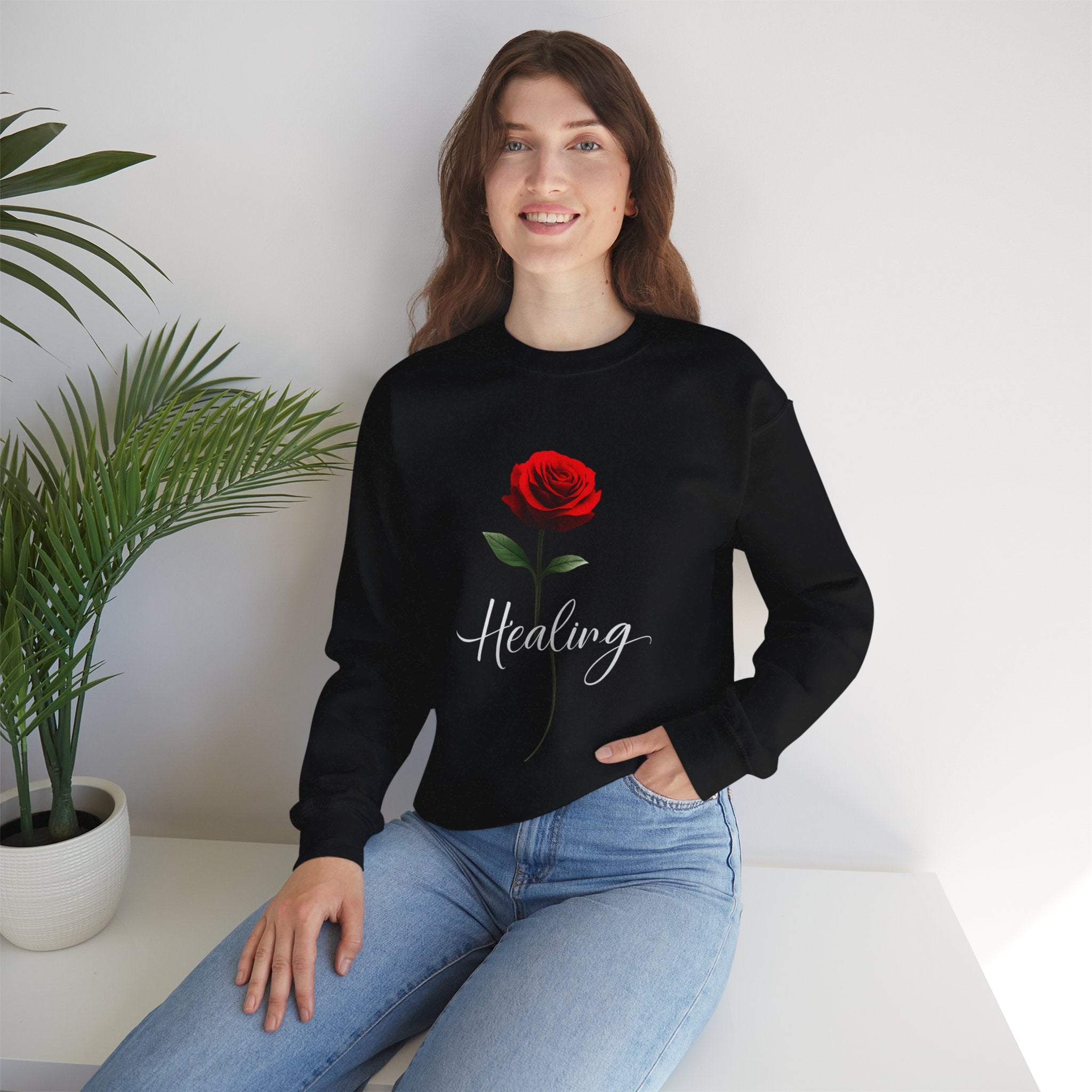 Healing Rose Crewneck Sweatshirt — Red Rose Graphic with "Healing" Script