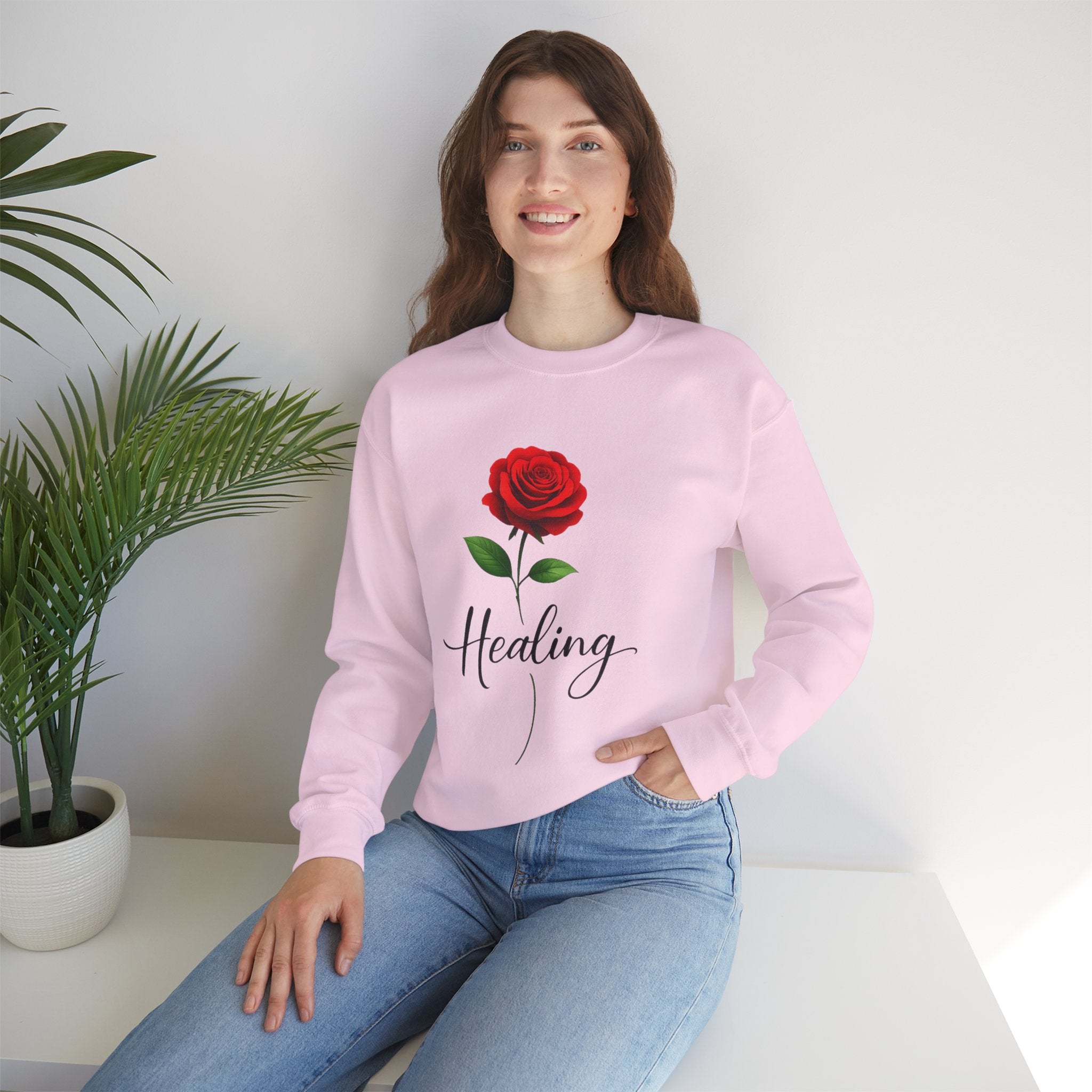 Healing Rose Crewneck Sweatshirt — Red Rose Graphic with "Healing" Script