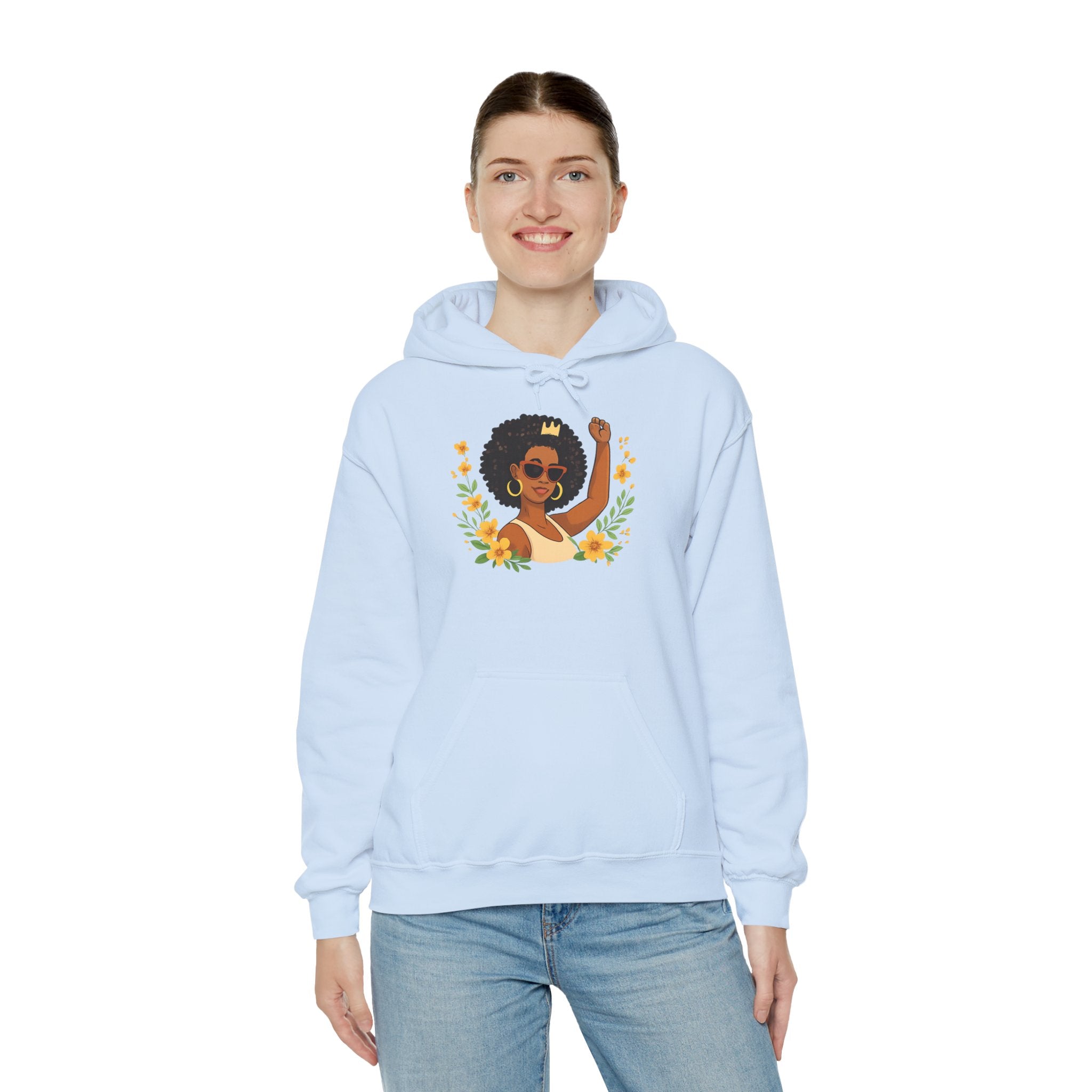 Black Girl Magic Hoodie — Afro Woman Crowned with Sunflowers Sweatshirt