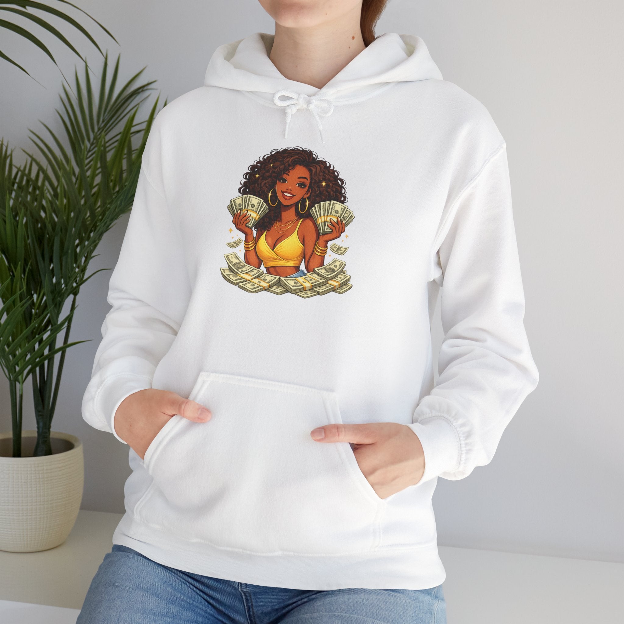 Money Queen Hoodie — Black Woman Holding Cash Graphic Sweatshirt