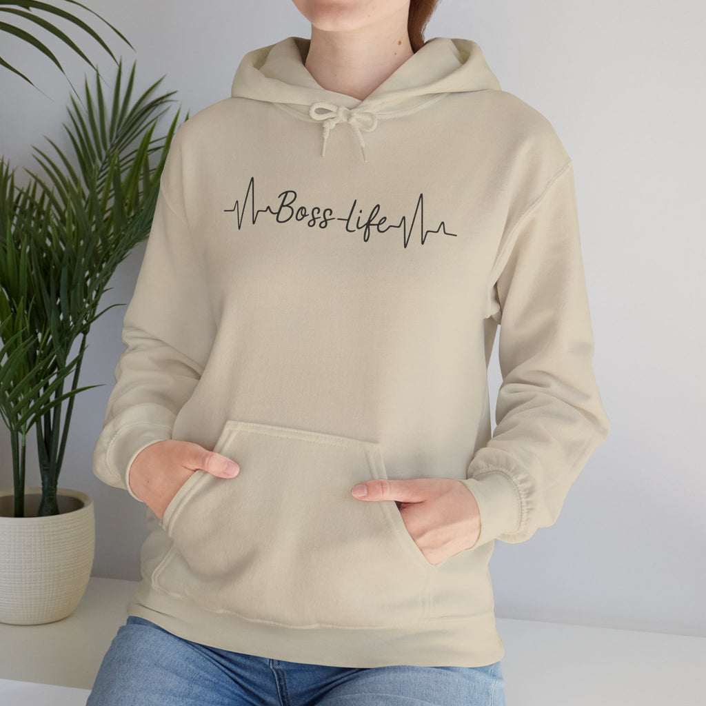 Boss Life Hoodie — Minimal Script Heartbeat Graphic