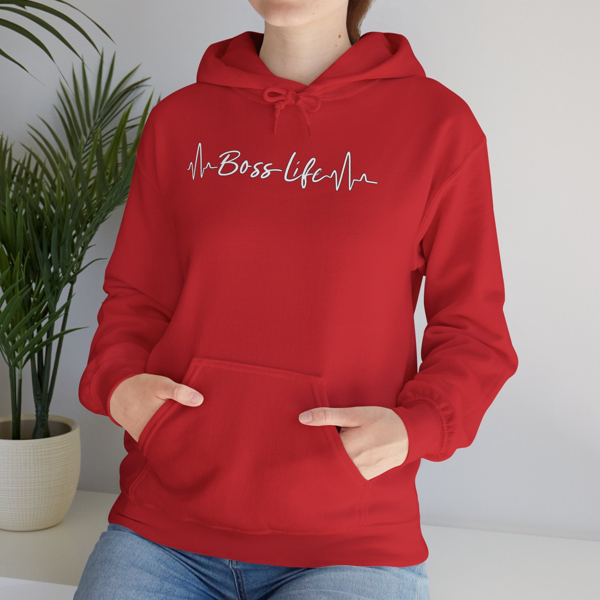 Boss Life Hoodie — Minimal Script Heartbeat Graphic