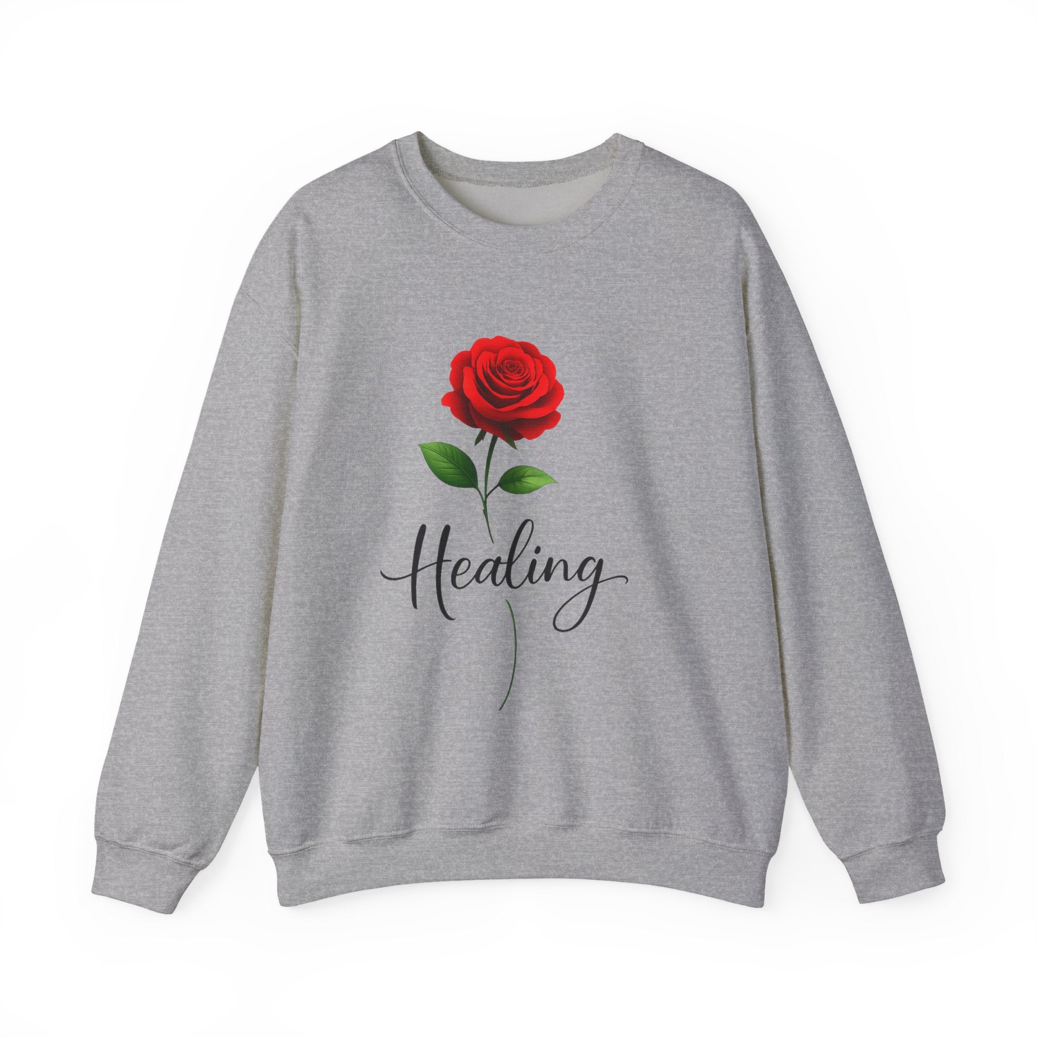 Healing Rose Crewneck Sweatshirt — Red Rose Graphic with "Healing" Script