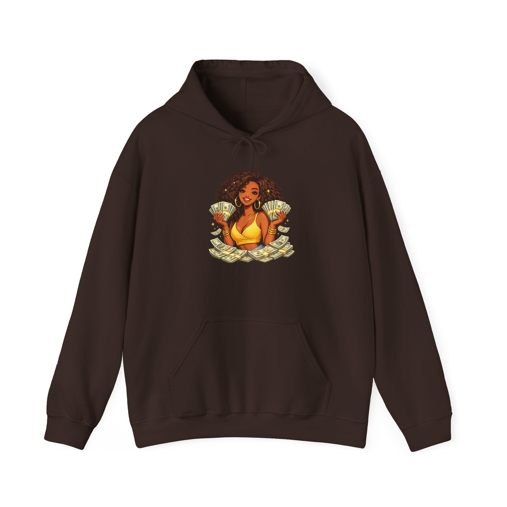 Money Queen Hoodie — Black Woman Holding Cash Graphic Sweatshirt