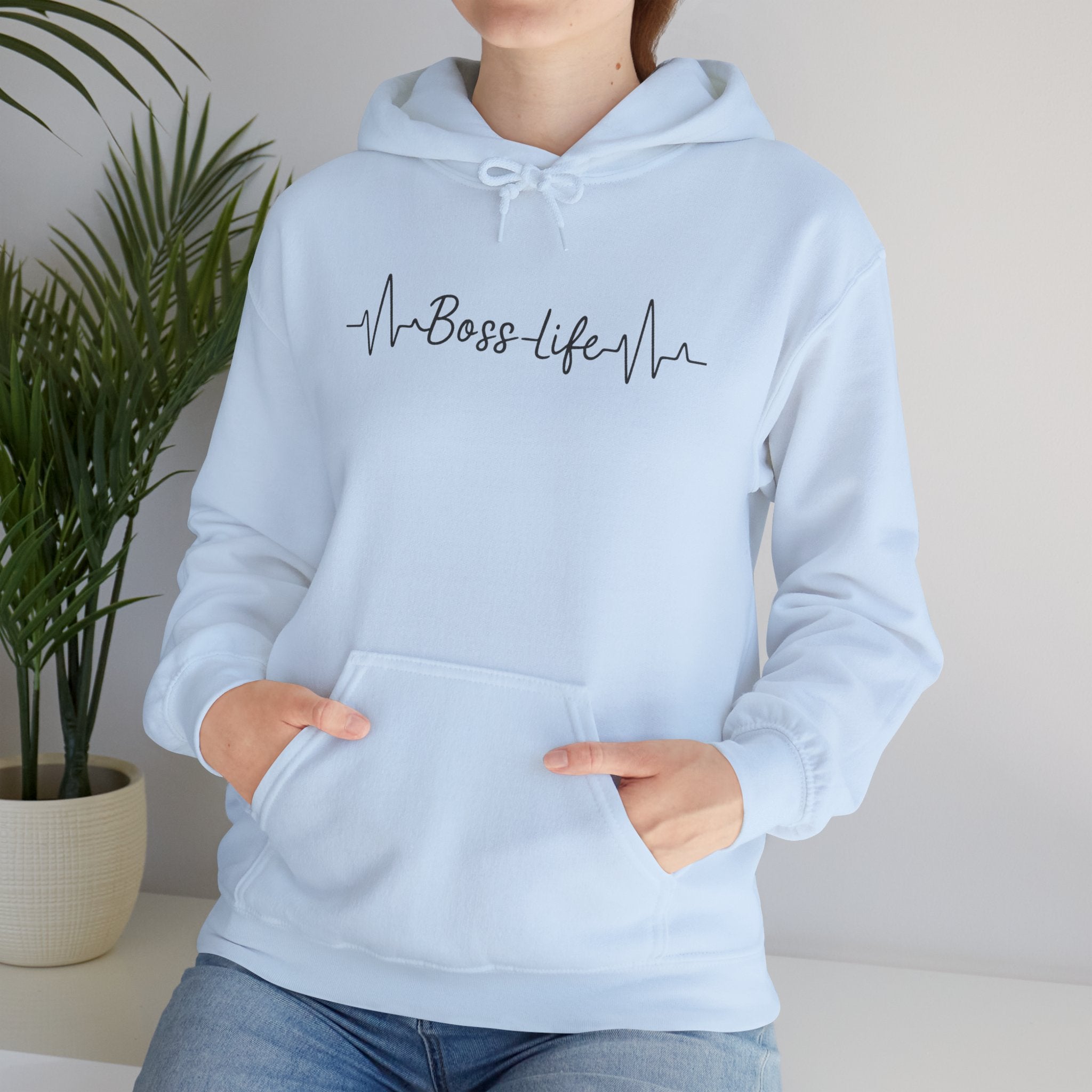Boss Life Hoodie — Minimal Script Heartbeat Graphic