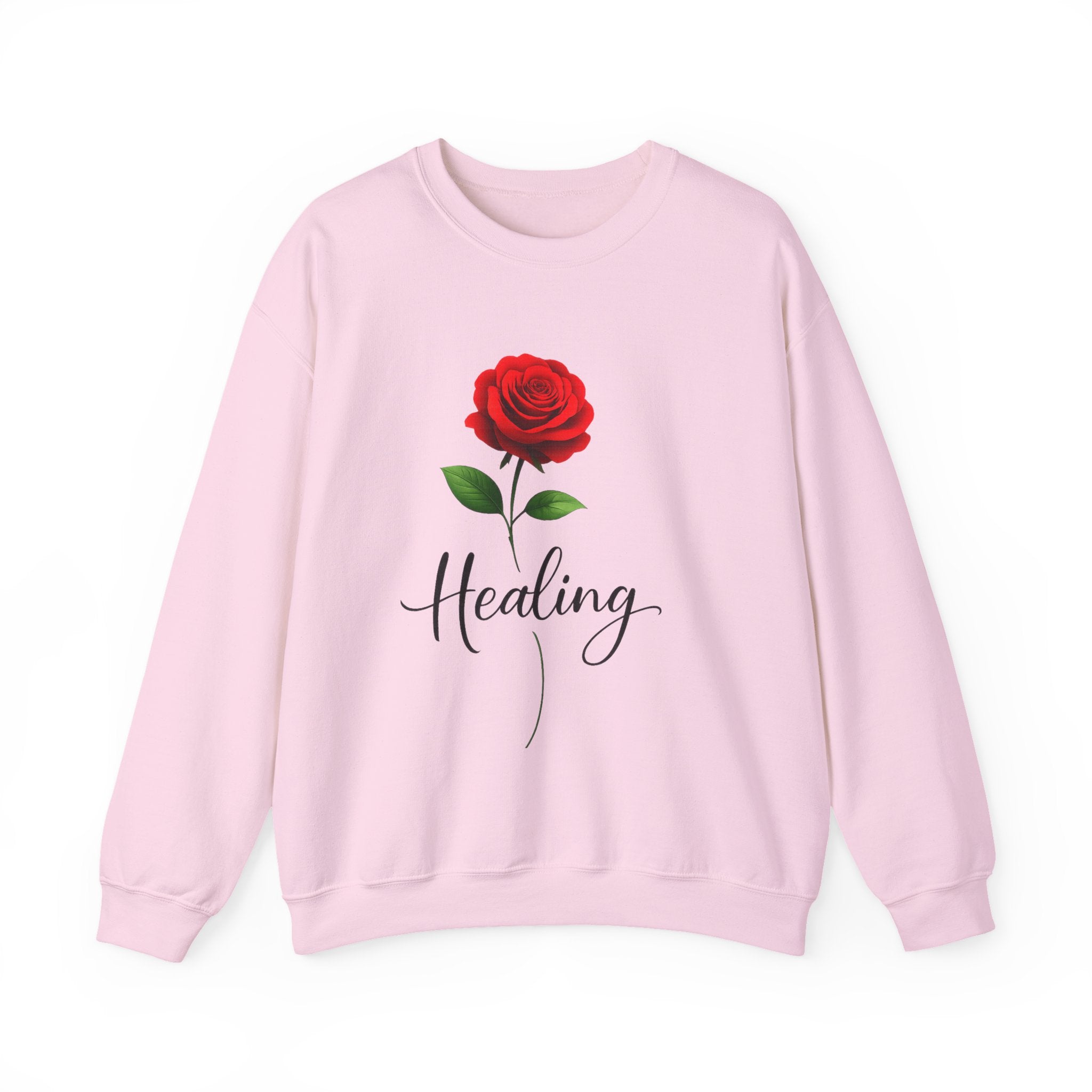 Healing Rose Crewneck Sweatshirt — Red Rose Graphic with "Healing" Script