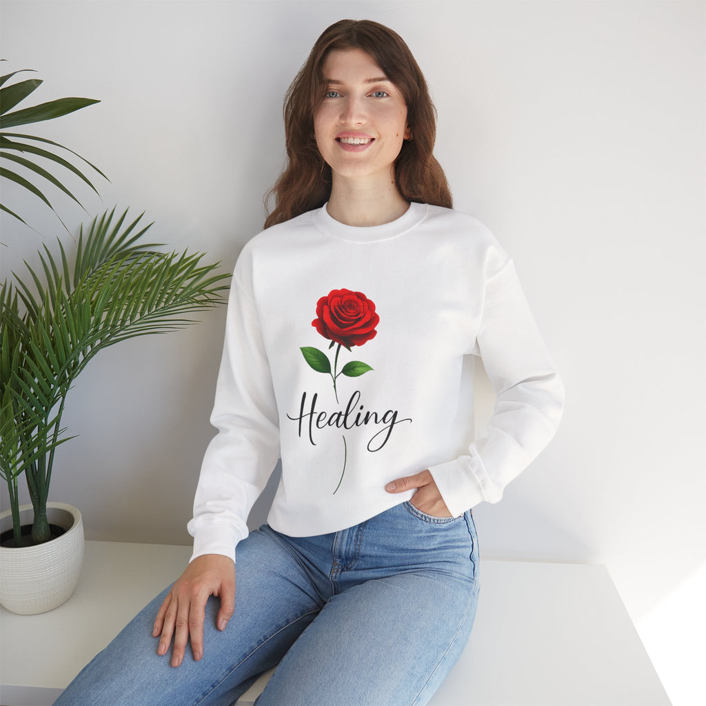 Healing Rose Crewneck Sweatshirt — Red Rose Graphic with "Healing" Script