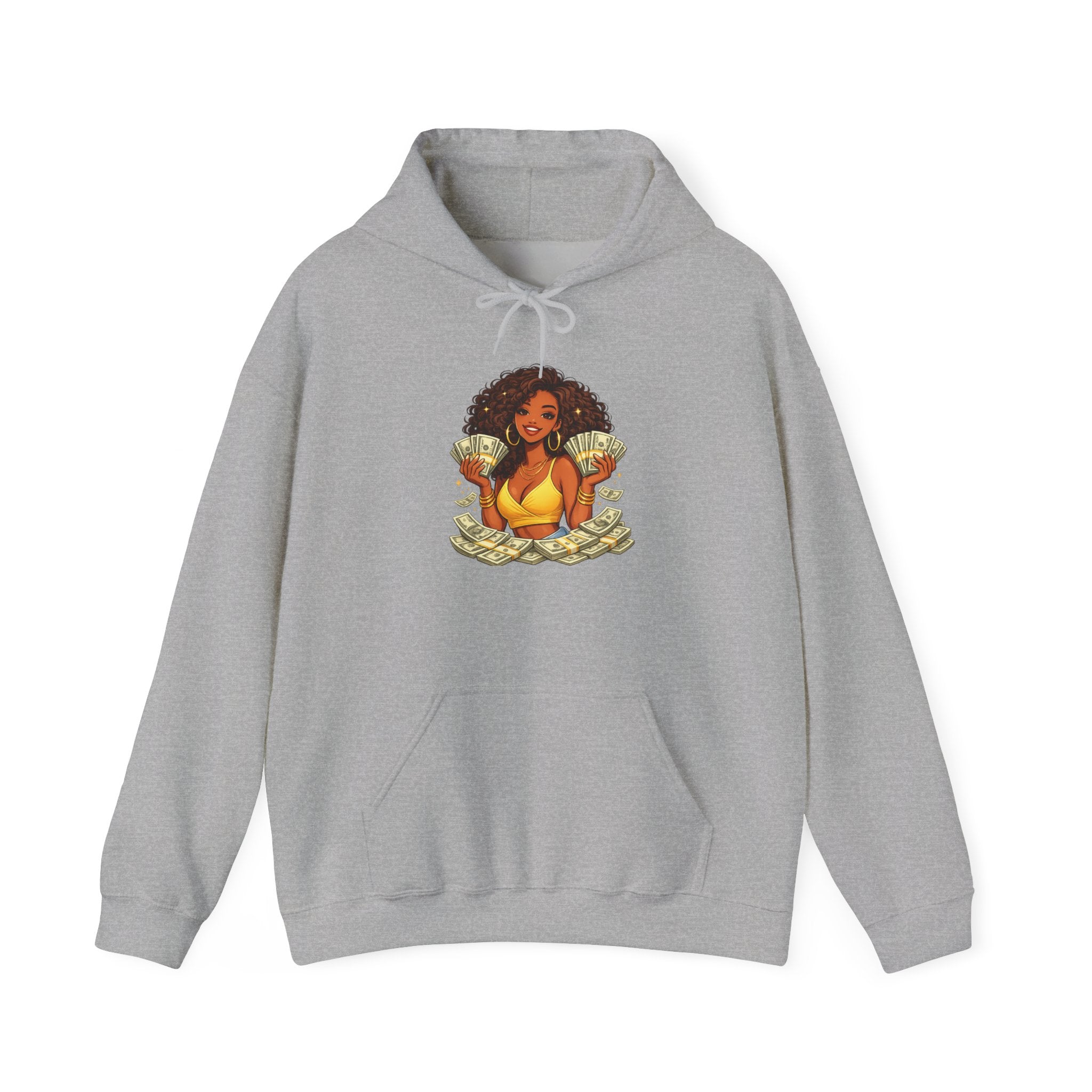 Money Queen Hoodie — Black Woman Holding Cash Graphic Sweatshirt