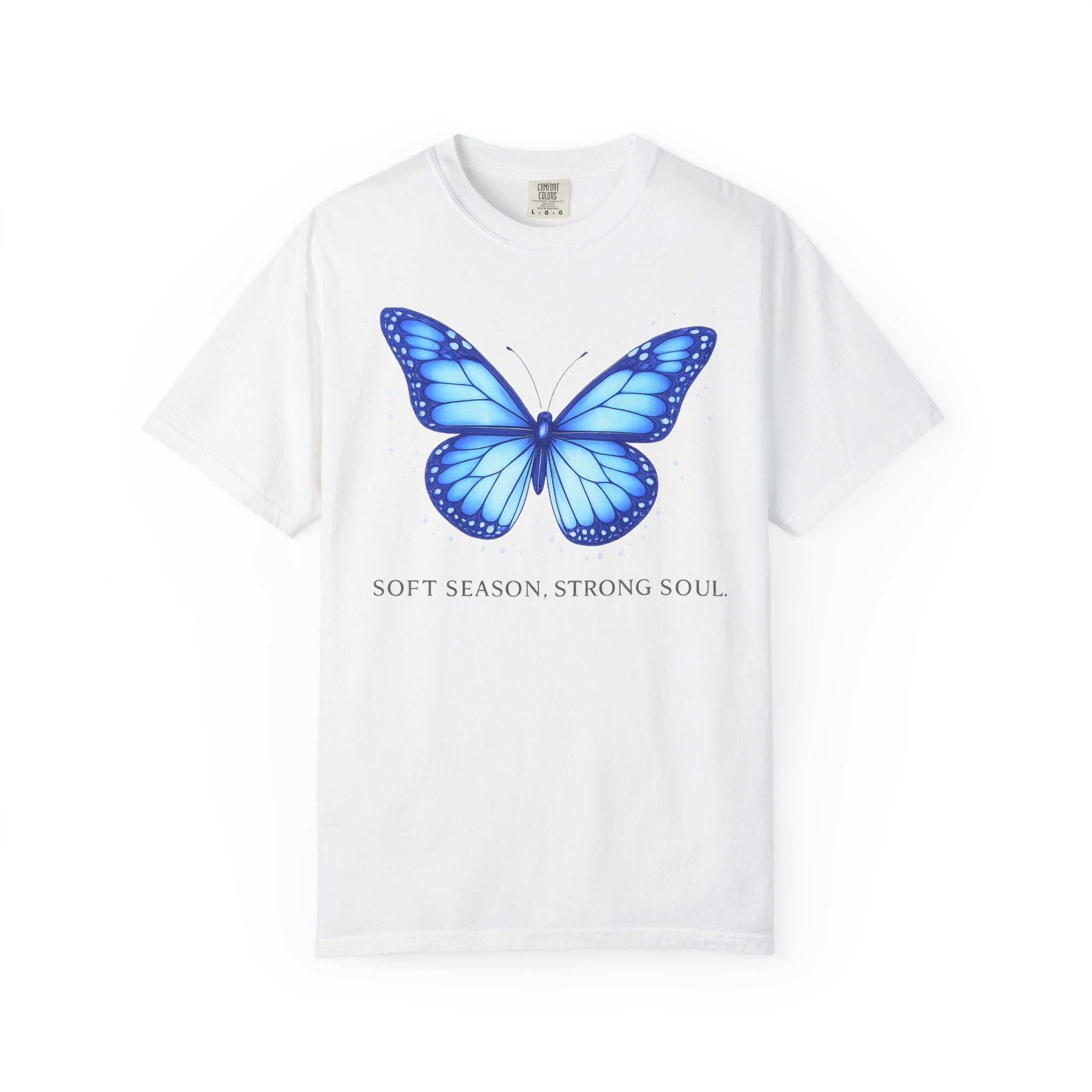 Blue Butterfly T-Shirt — "Soft Season Strong Soul" Graphic Tee