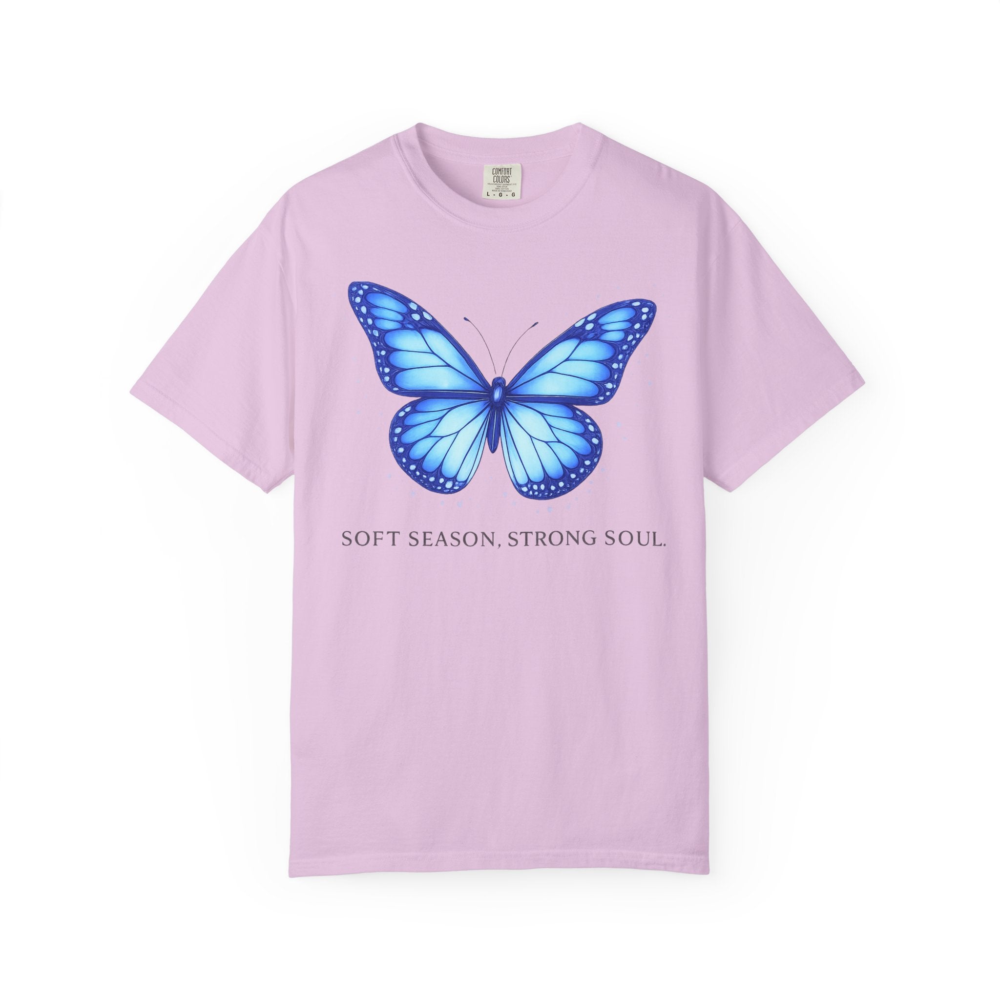 Blue Butterfly T-Shirt — "Soft Season Strong Soul" Graphic Tee