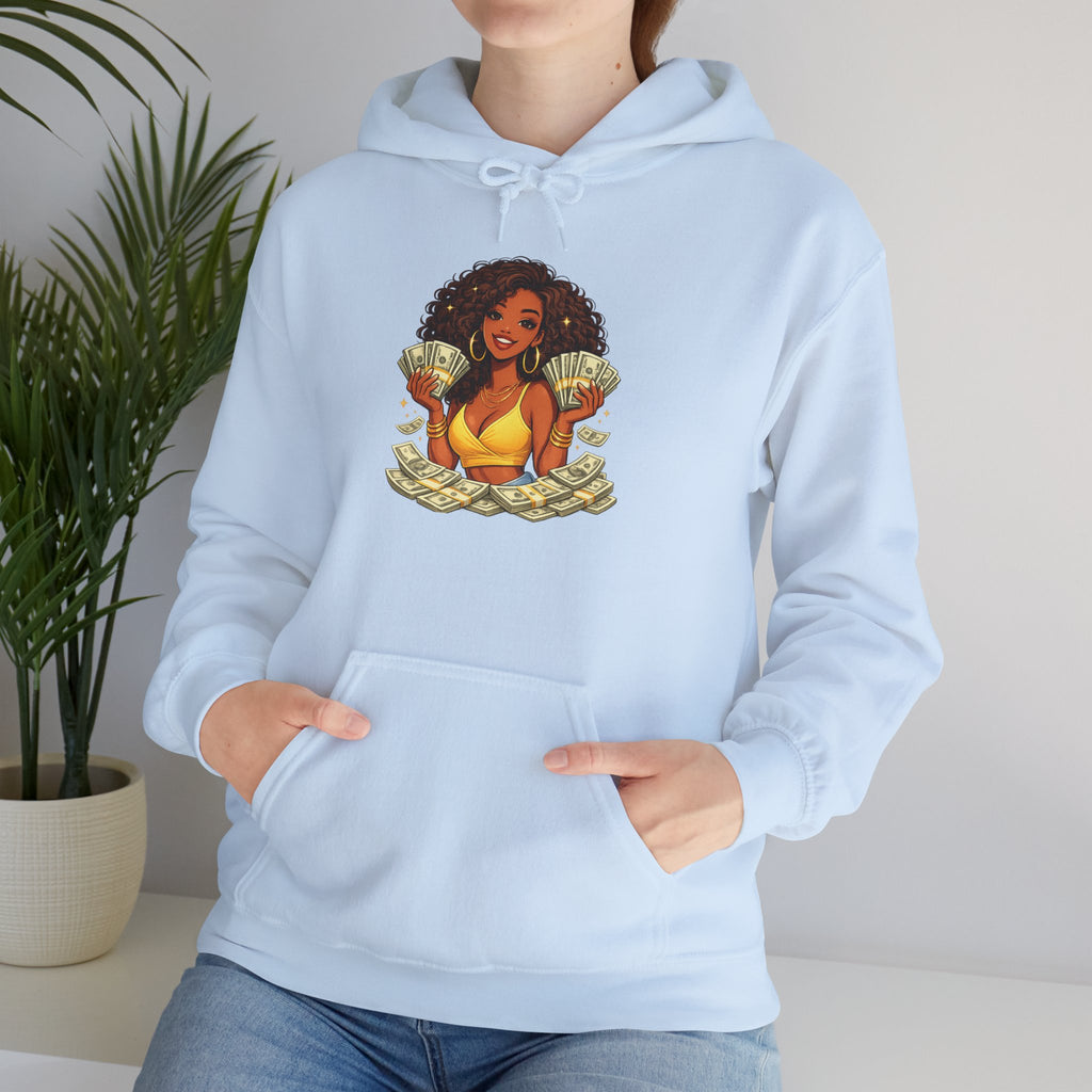 Money Queen Hoodie — Black Woman Holding Cash Graphic Sweatshirt