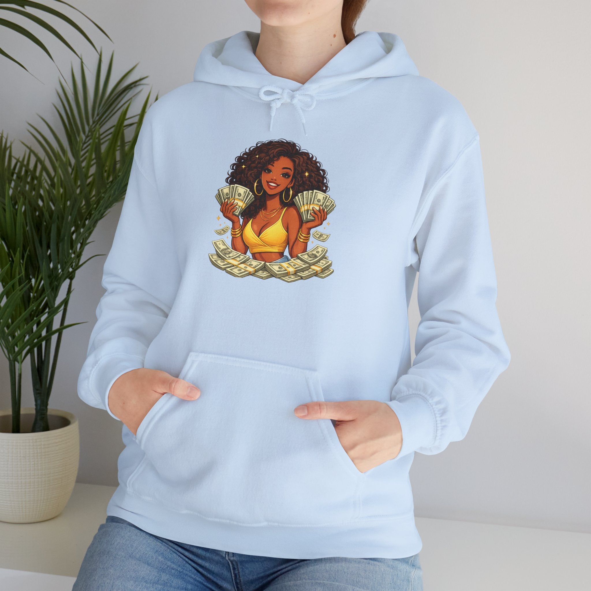 Money Queen Hoodie — Black Woman Holding Cash Graphic Sweatshirt