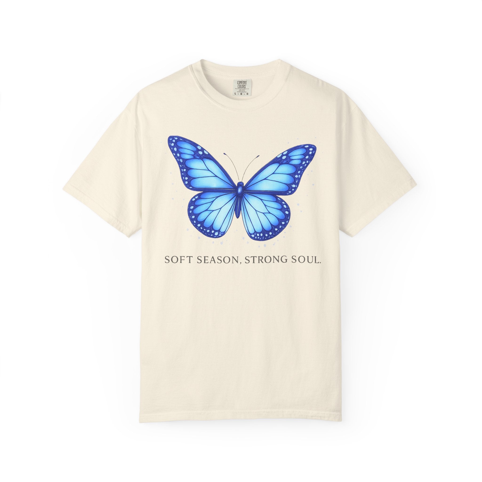 Blue Butterfly T-Shirt — "Soft Season Strong Soul" Graphic Tee