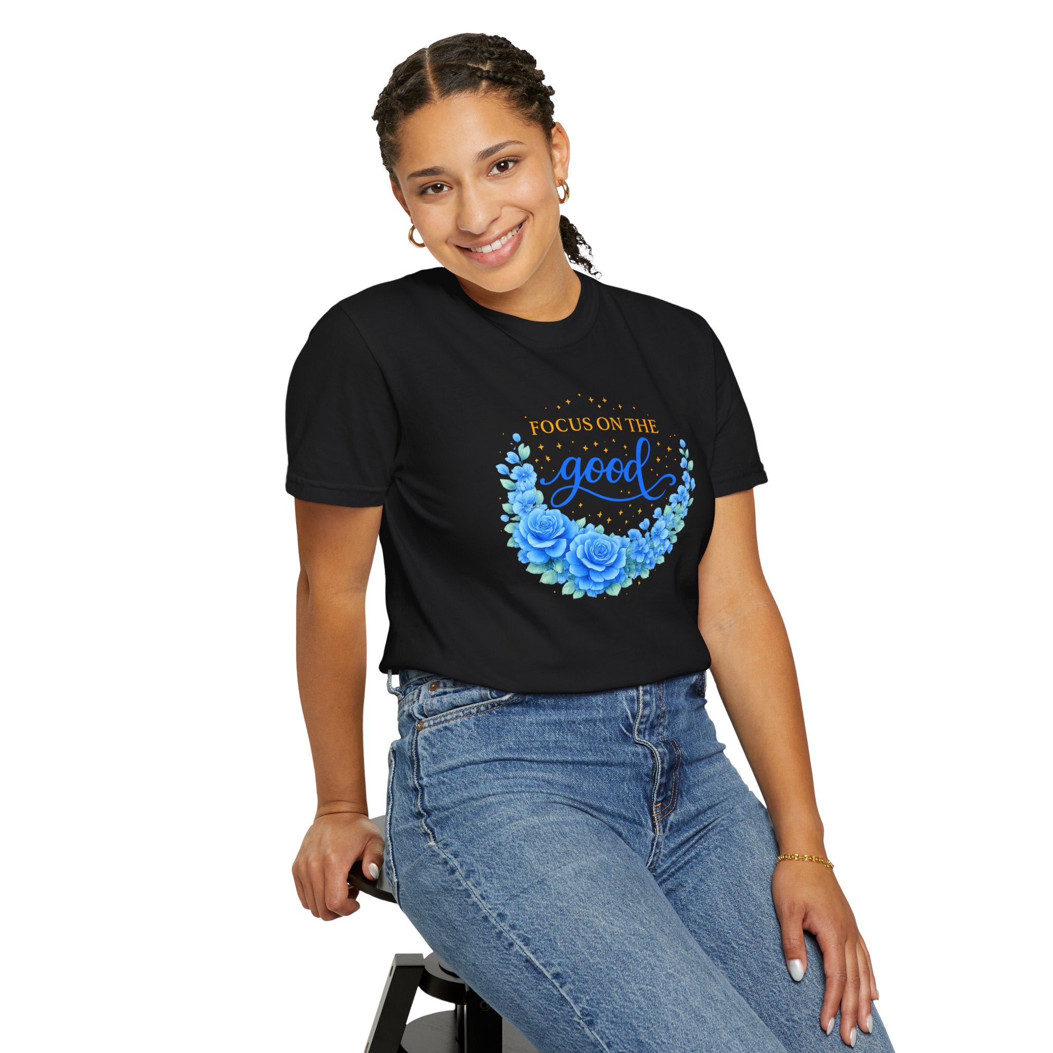 T-Shirt — "Focus on the Good" Blue Floral Positive Message Tee