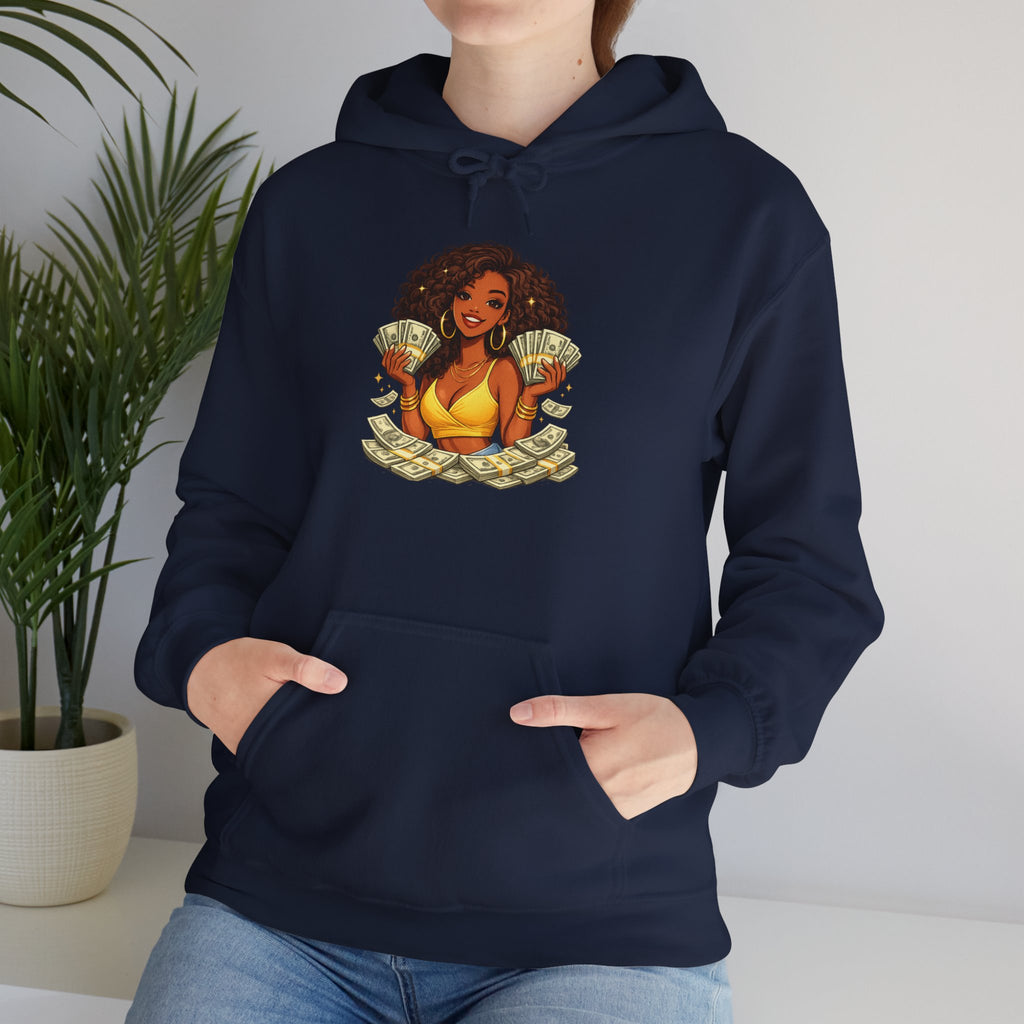 Money Queen Hoodie — Black Woman Holding Cash Graphic Sweatshirt