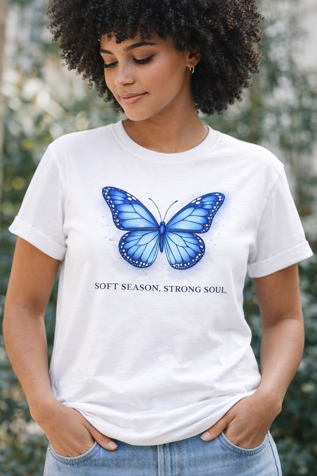 Blue Butterfly T-Shirt — "Soft Season Strong Soul" Graphic Tee