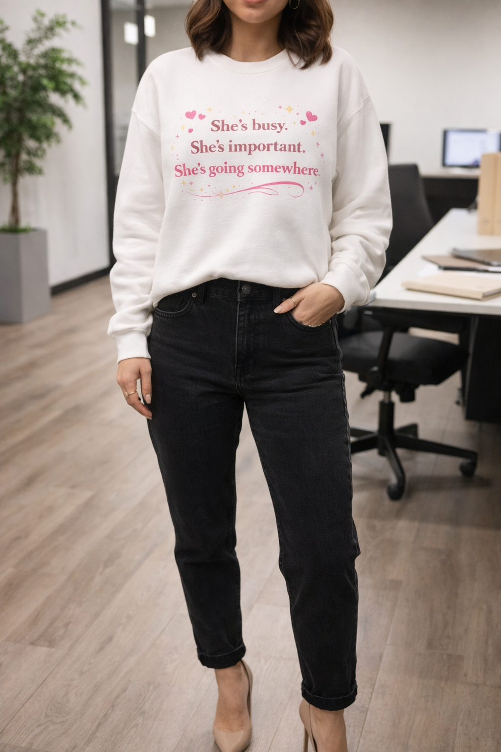 Inspirational Crewneck Sweatshirt — "She's busy. She's important. She's going somewhere."
