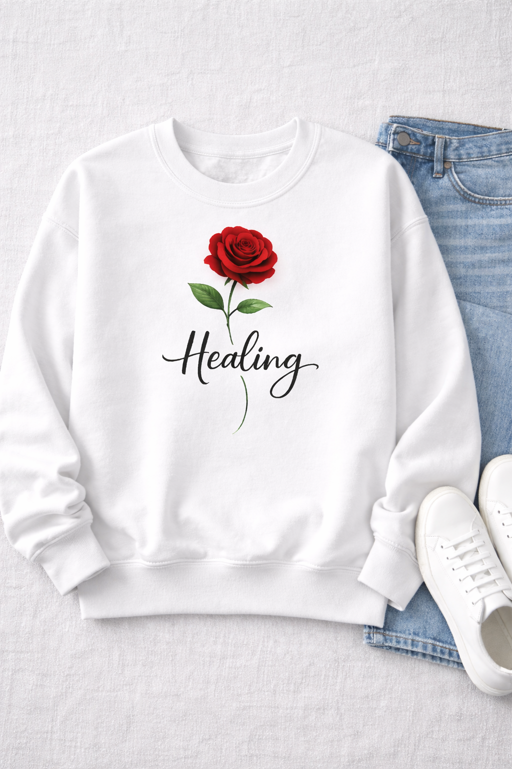 Healing Rose Crewneck Sweatshirt — Red Rose Graphic with "Healing" Script