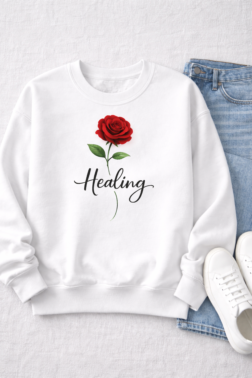 Healing Rose Crewneck Sweatshirt — Red Rose Graphic with "Healing" Script