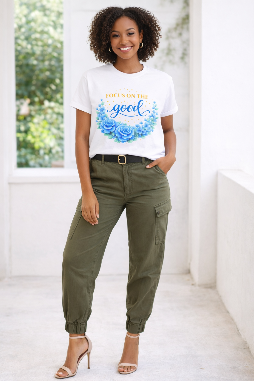 T-Shirt — "Focus on the Good" Blue Floral Positive Message Tee