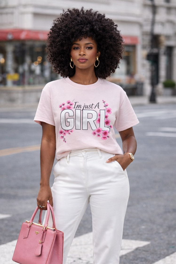 I'm Just a Girl Floral T-Shirt — Feminine Pink Flower Graphic Tee