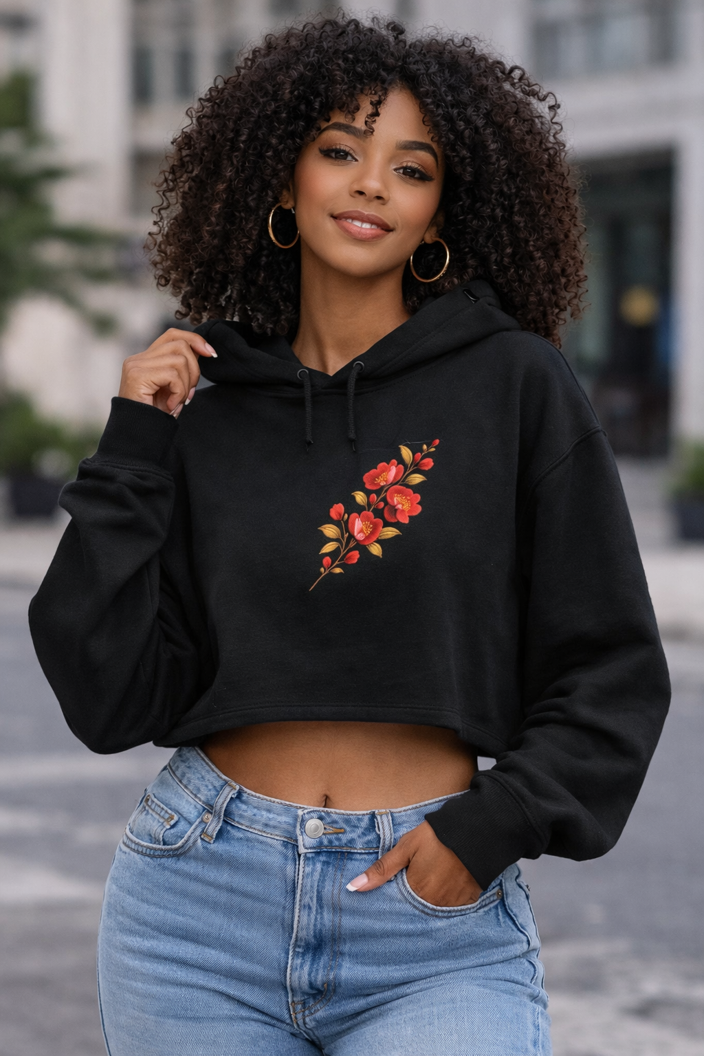 Floral Watercolor Crop Hoodie – Red Blossom Chest Print