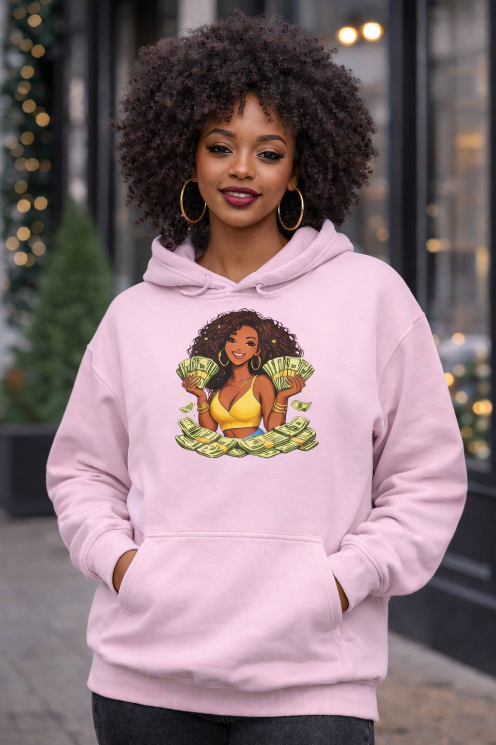 Money Queen Hoodie — Black Woman Holding Cash Graphic Sweatshirt