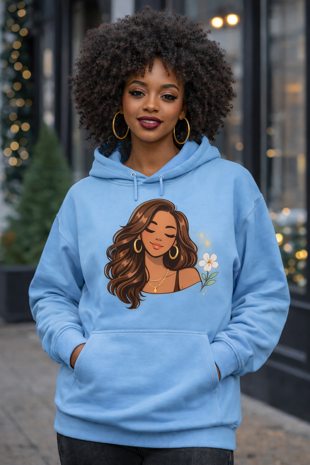 Hoodie — Floral Afro Woman Illustration Cozy Pullover